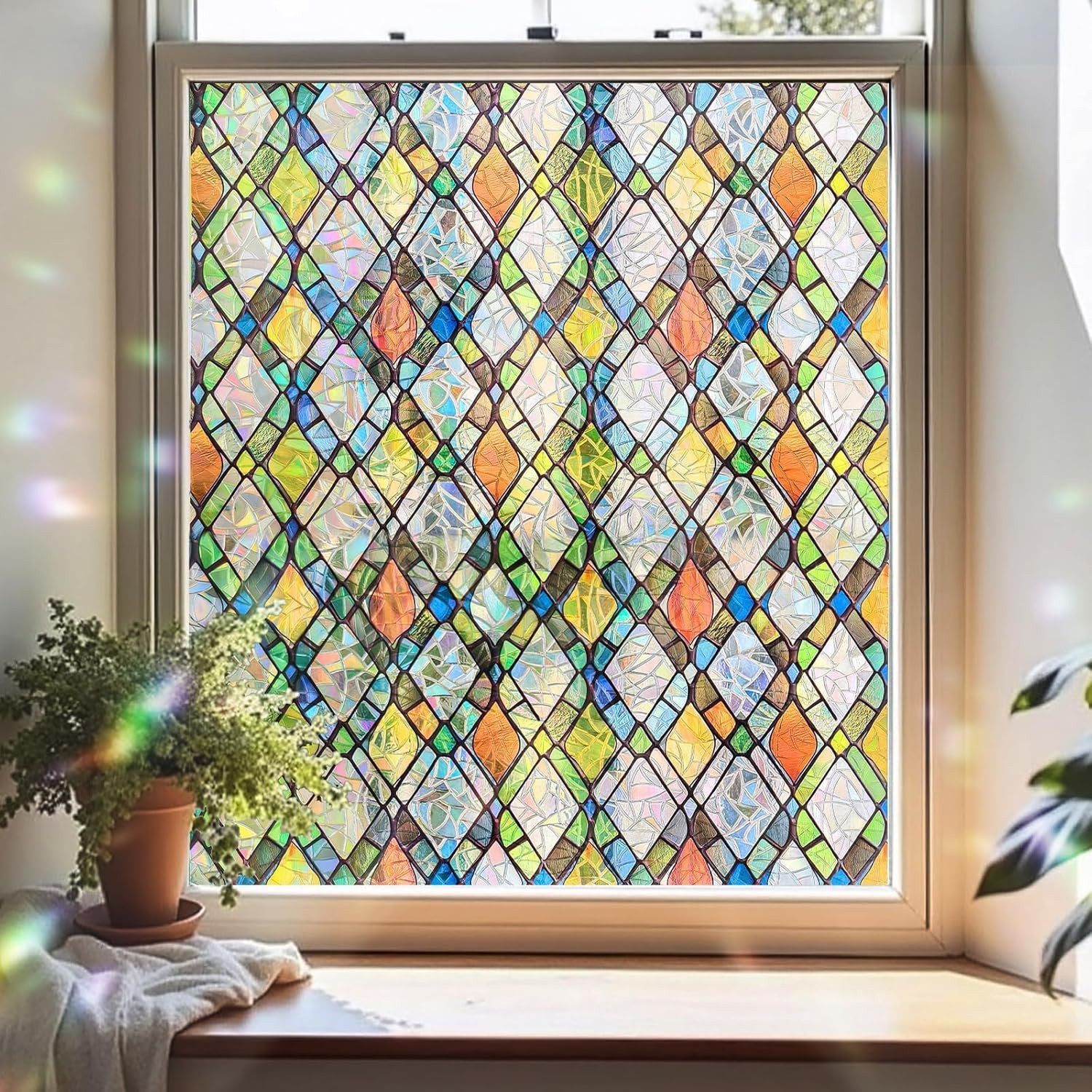 Window Privacy Film, Stained Glass Decorative Static Cling, Removable Laser Sun