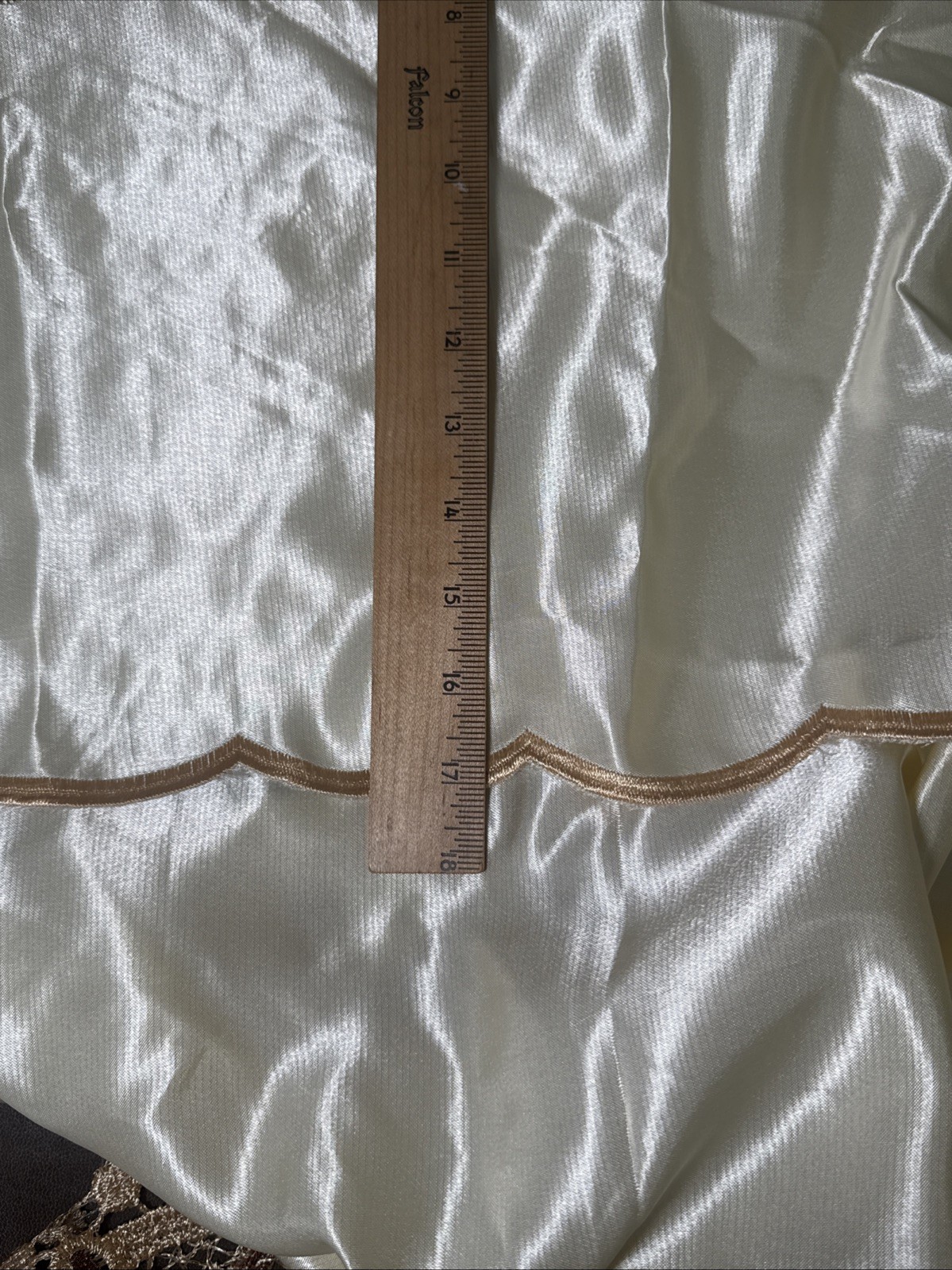 Drapes 2 Panels Beige w/ Attached Valance, Shimmer Satin, Sheer Lace 54 X 87”