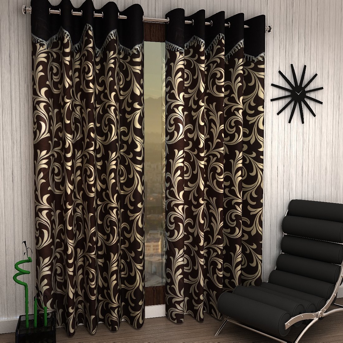 2 Piece Polyester Scroll Frill Door Curtain Brown 7ft