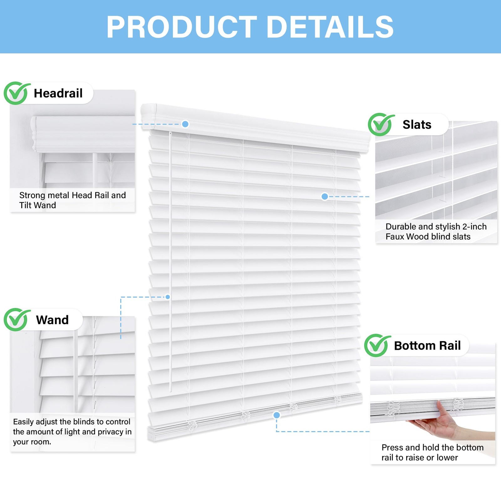 AOSKY Faux Wood Blinds White 26″W x 72″H