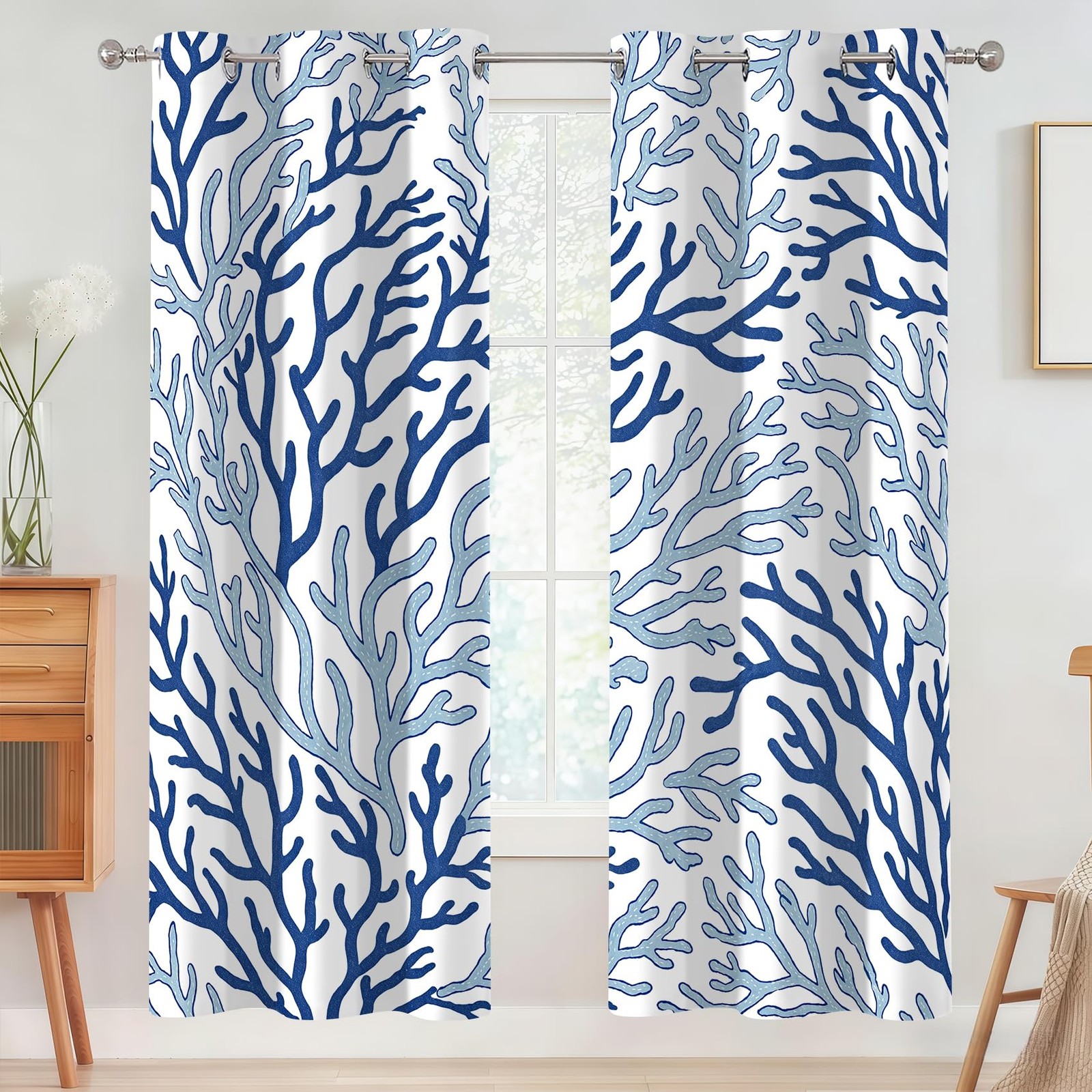 Coastal Coral Blackout Curtains Blue and Teal, 42×84 inch 2 Panels