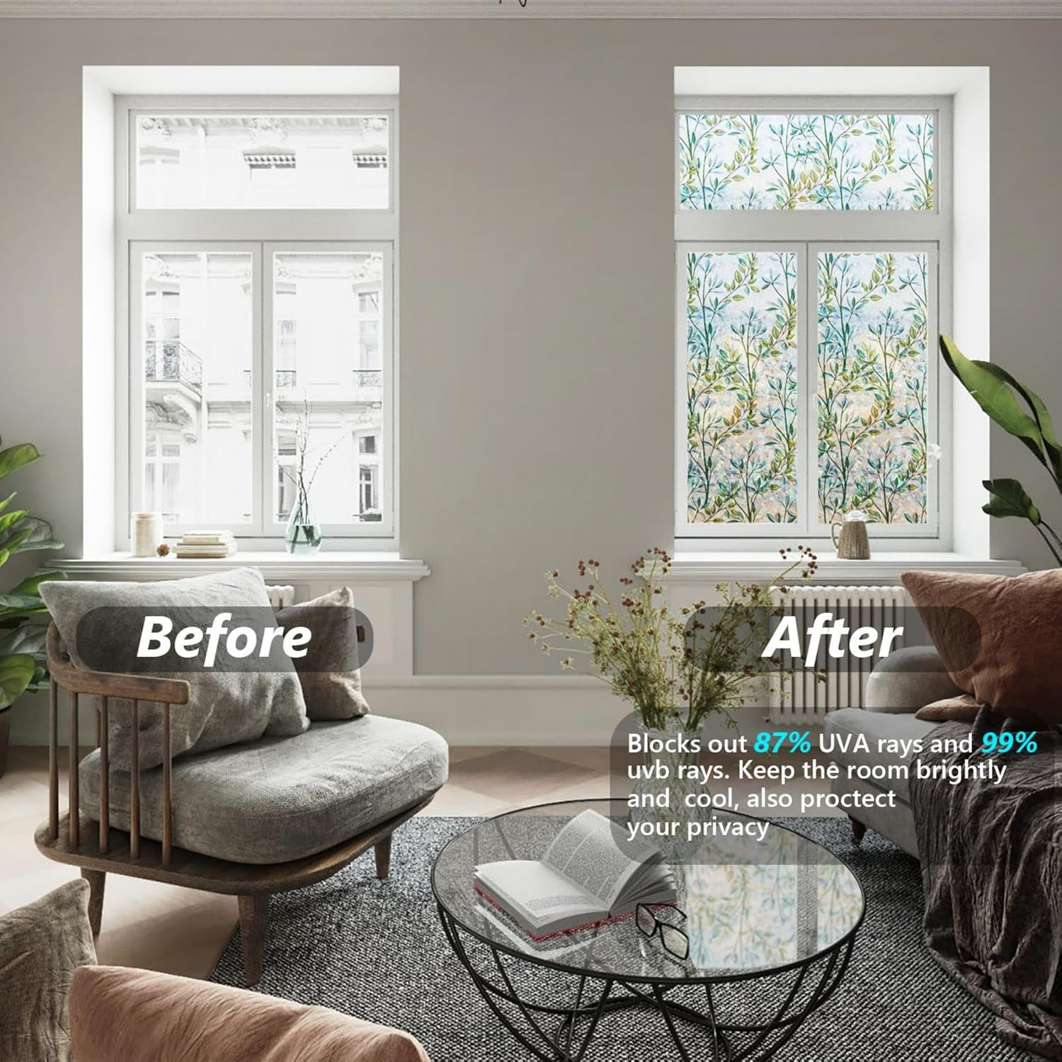 Window Privacy Film 3D Static Cling Window Film, No Glue Heat Control & 96% UV B