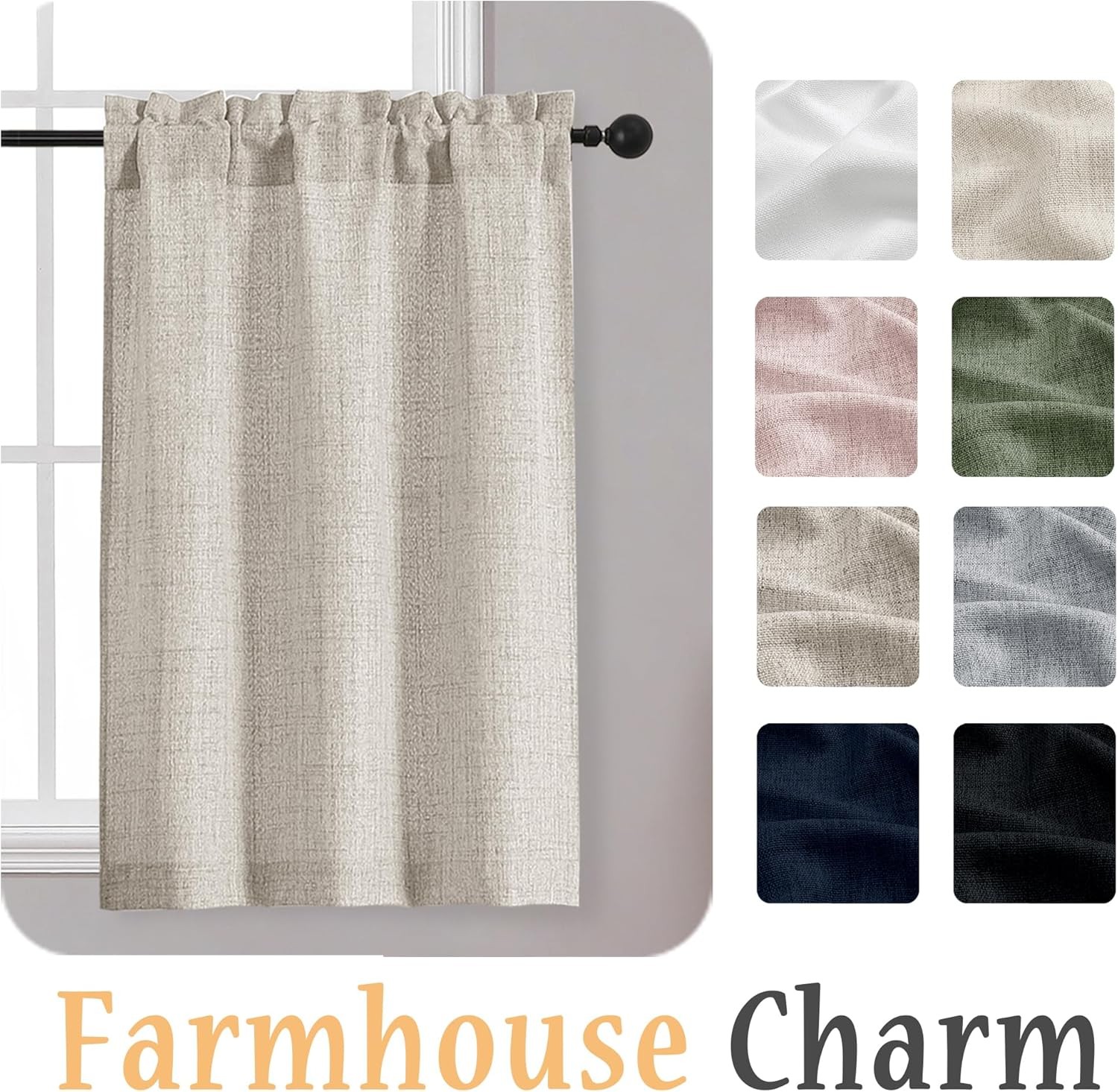 Linen Cafe Curtains 36 Inch Length 2 Panels Set, Light Filtering Textured Short