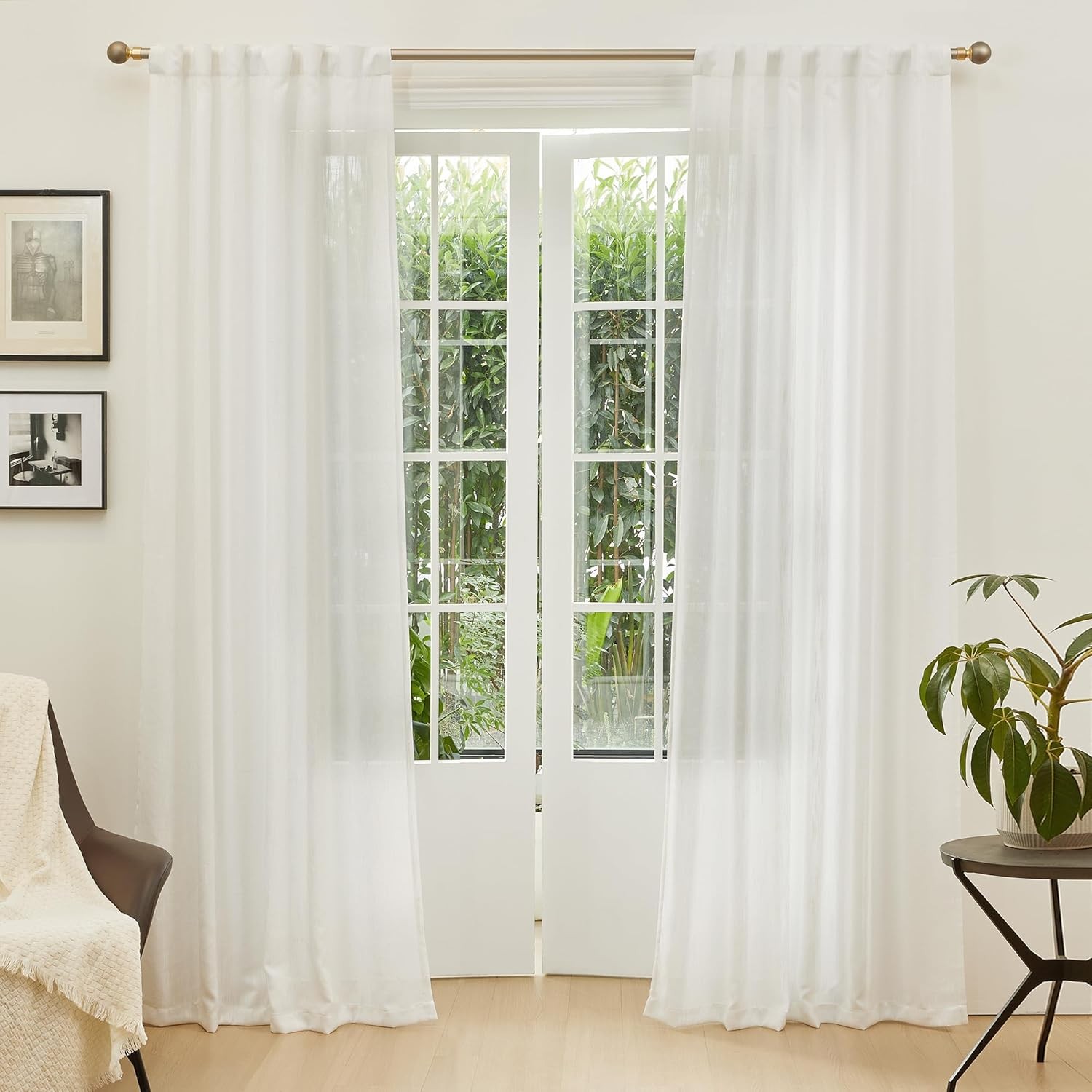 White curtains, semi-transparent soft cotton, with a buckle design at the back.
