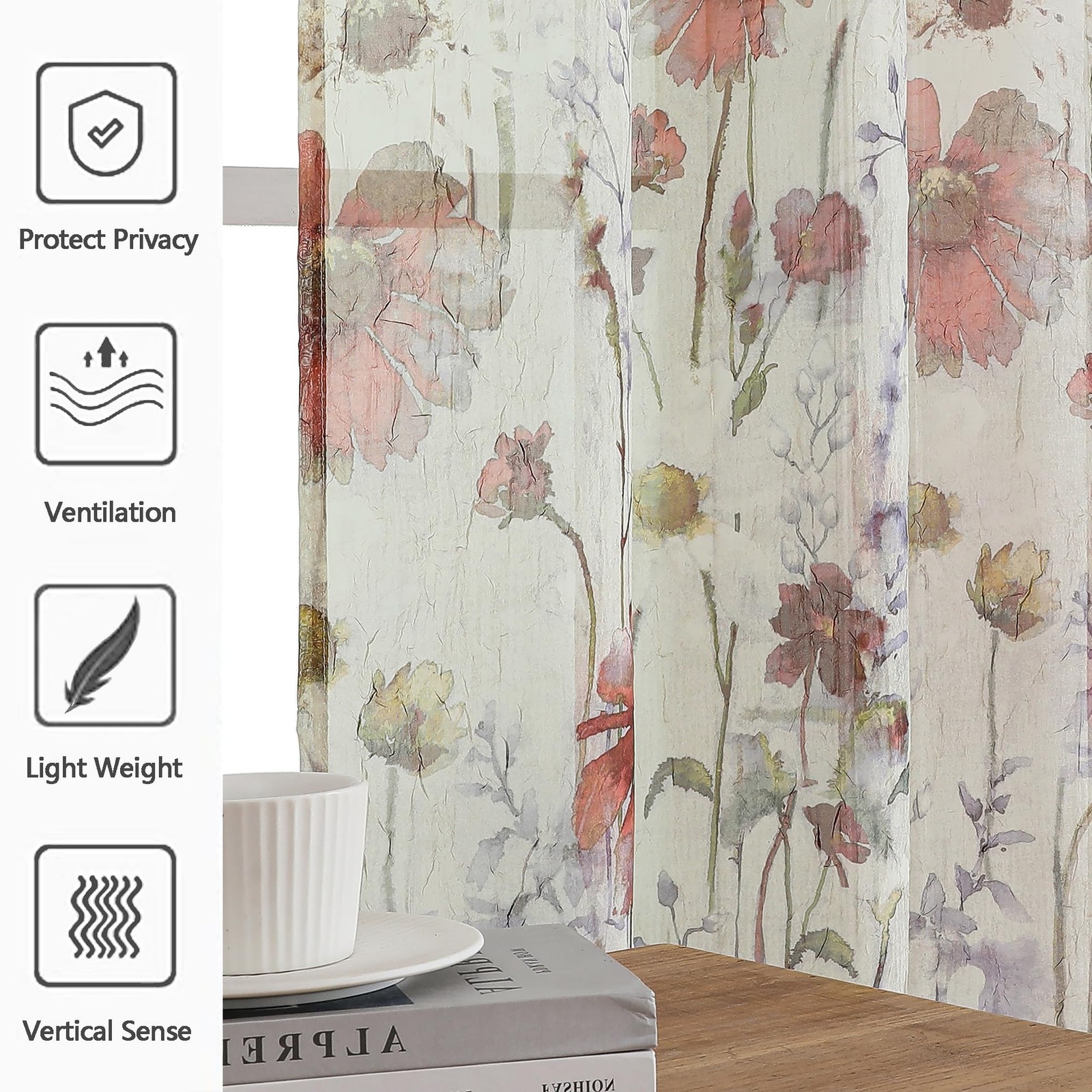Crushed Sheer Kitchen Cafe Curtains Tiers 24 Inch Length 2 Panels, Printed De…
