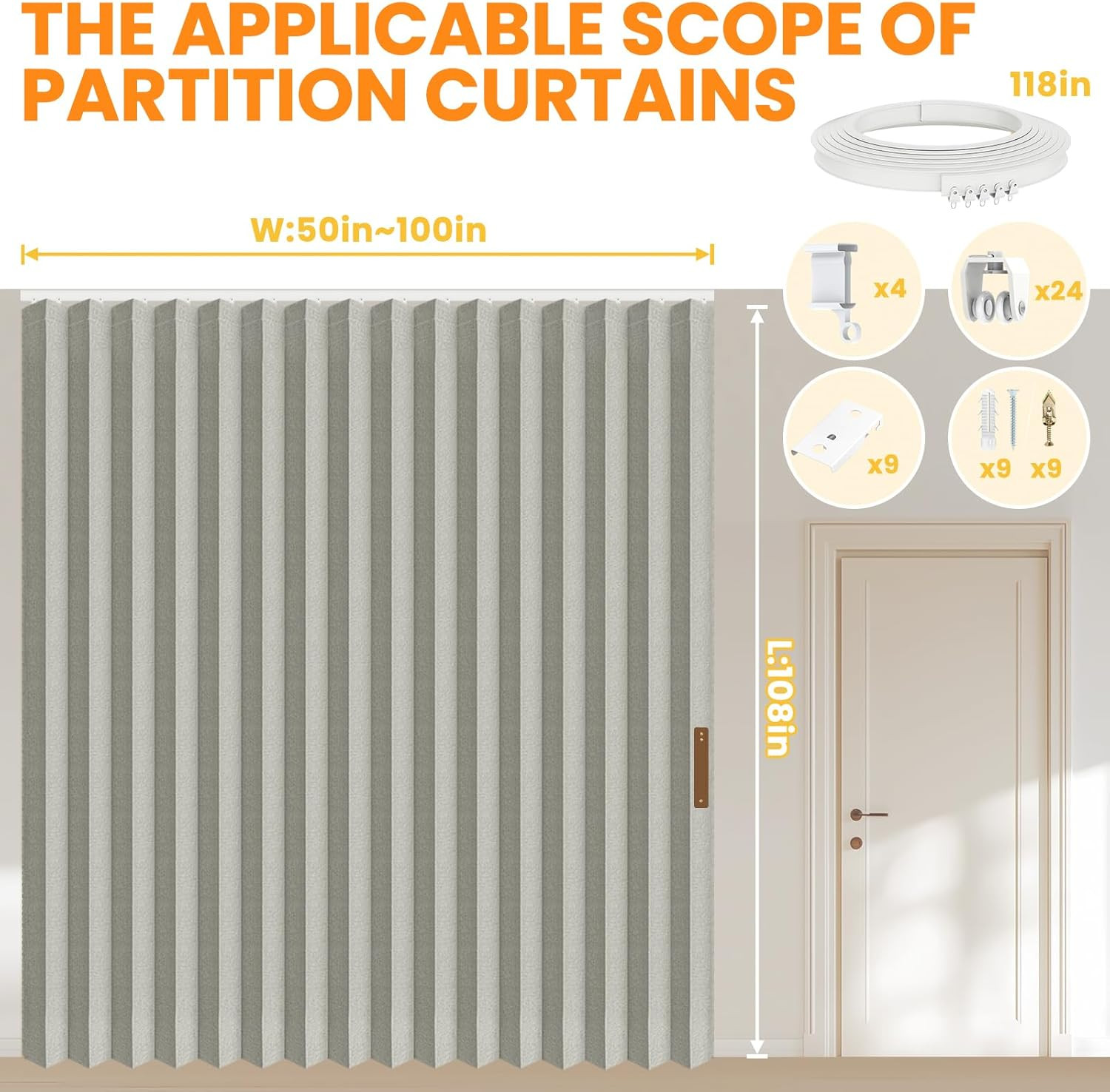 Blackout Room Divider Curtains with Ceiling Track – Noise Reducing, Grey 108