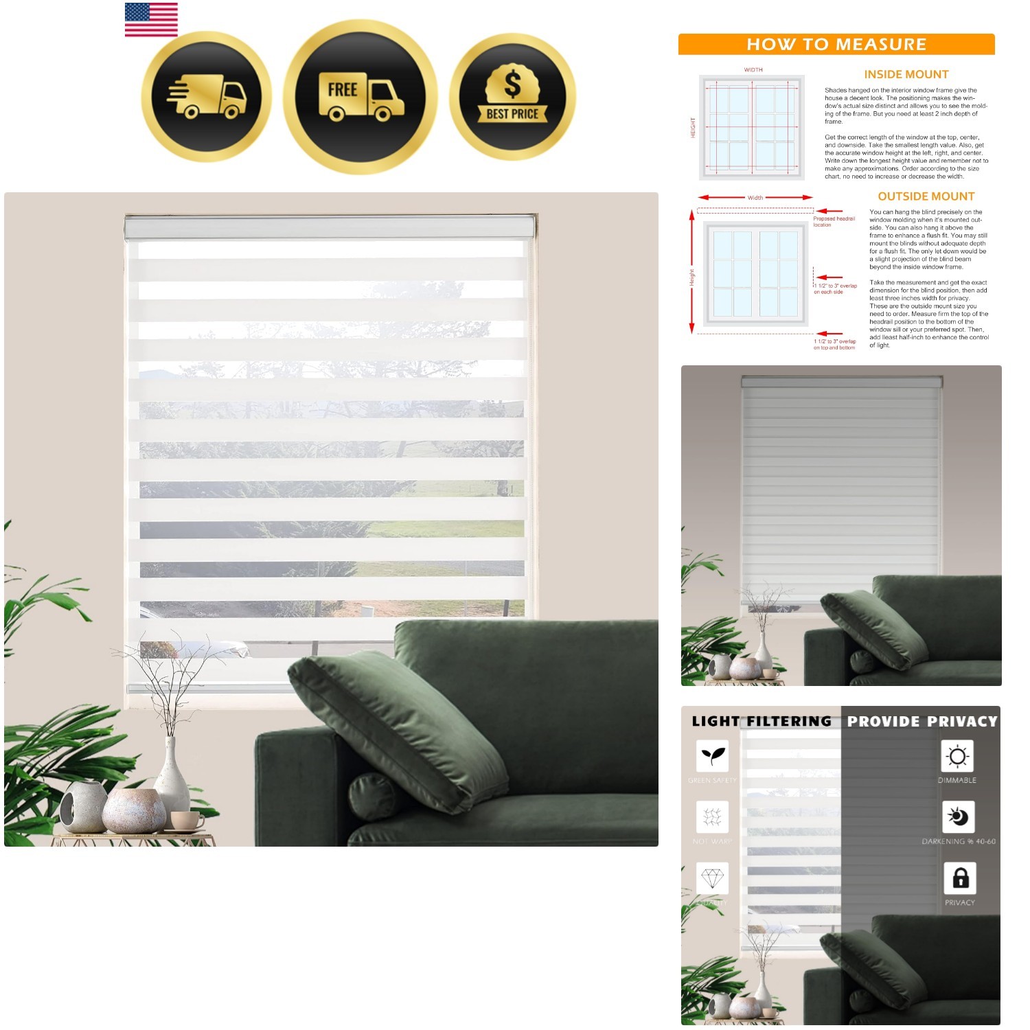 Zebra Roller Shades, Dual Layer Roll Up Blind for Living Room, Semi Sheer Sha…