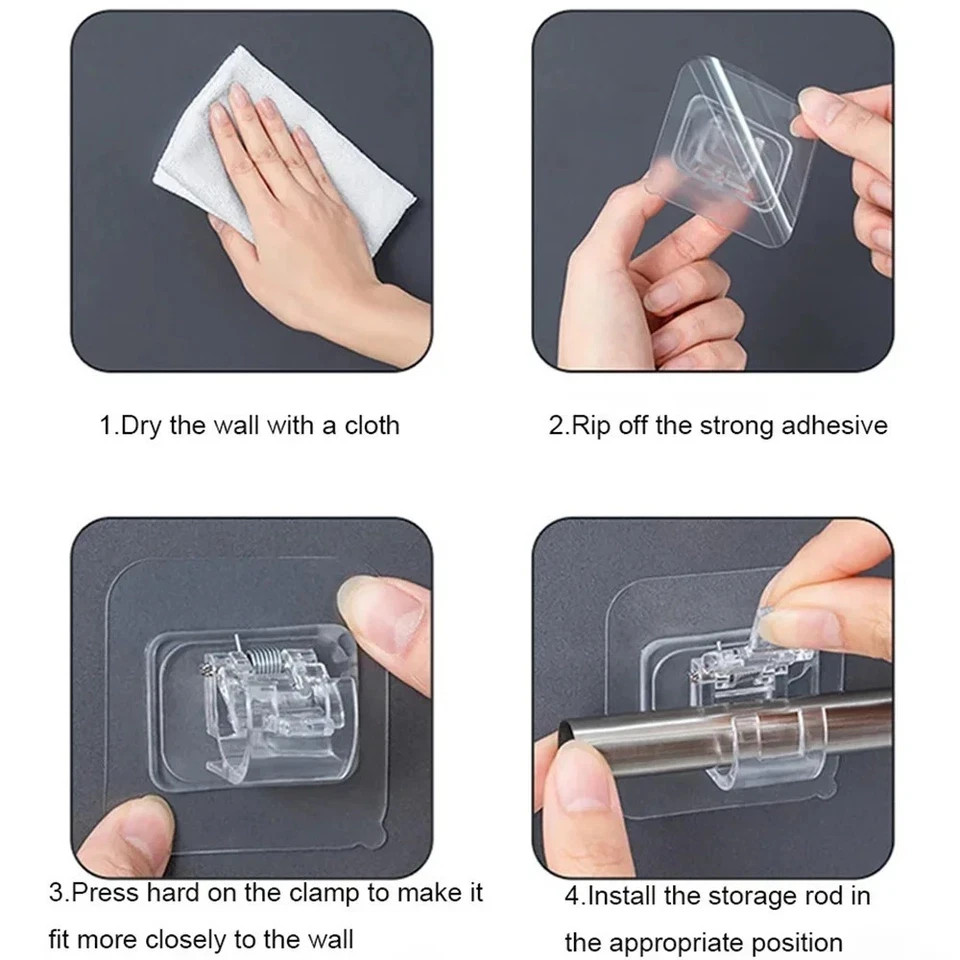 4,8PCS Nail Free Adjustable Curtain Rod Clip Brackets Self Adhesive Holder Hooks