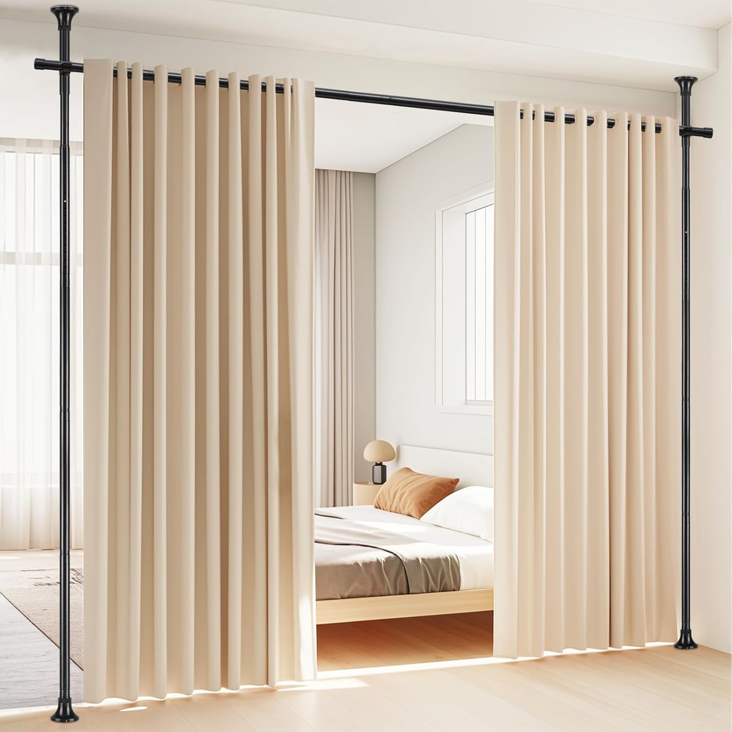 Room Divider, No Drilling Curtain Rod Wall Divider for Space Partition, Adjustab
