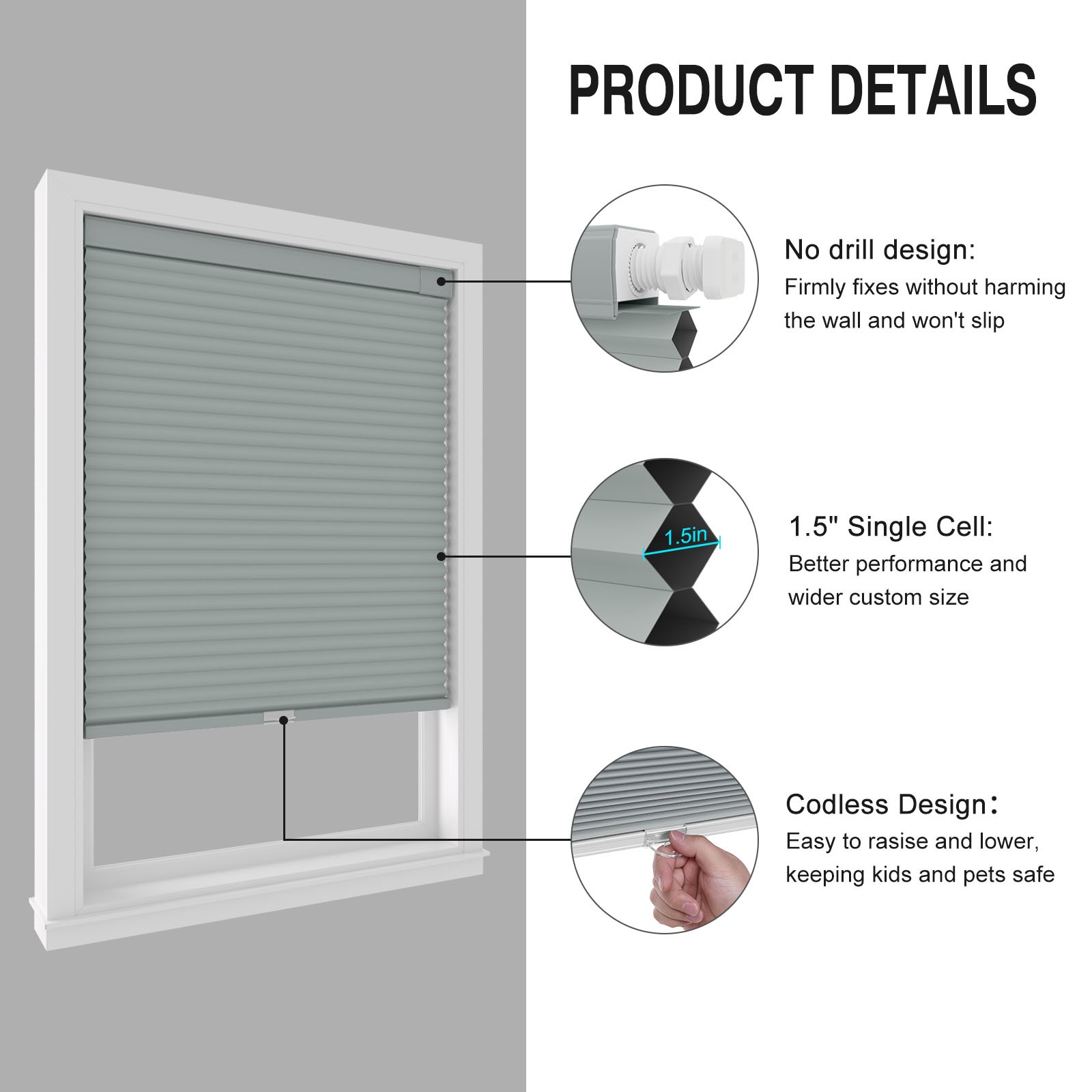 Blackout No Drill No Tools Cordless 1.5” Honeycombs for Window Cellular Shades