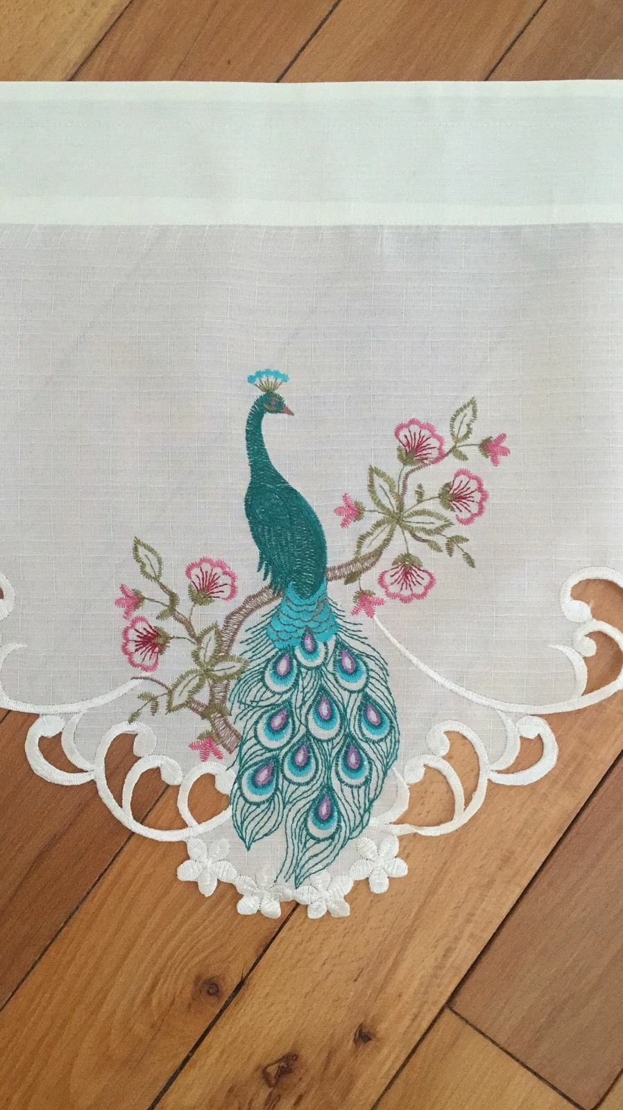Embroidered Peacock Window Valance Peacock Feathers Spring Blooms Window Valance