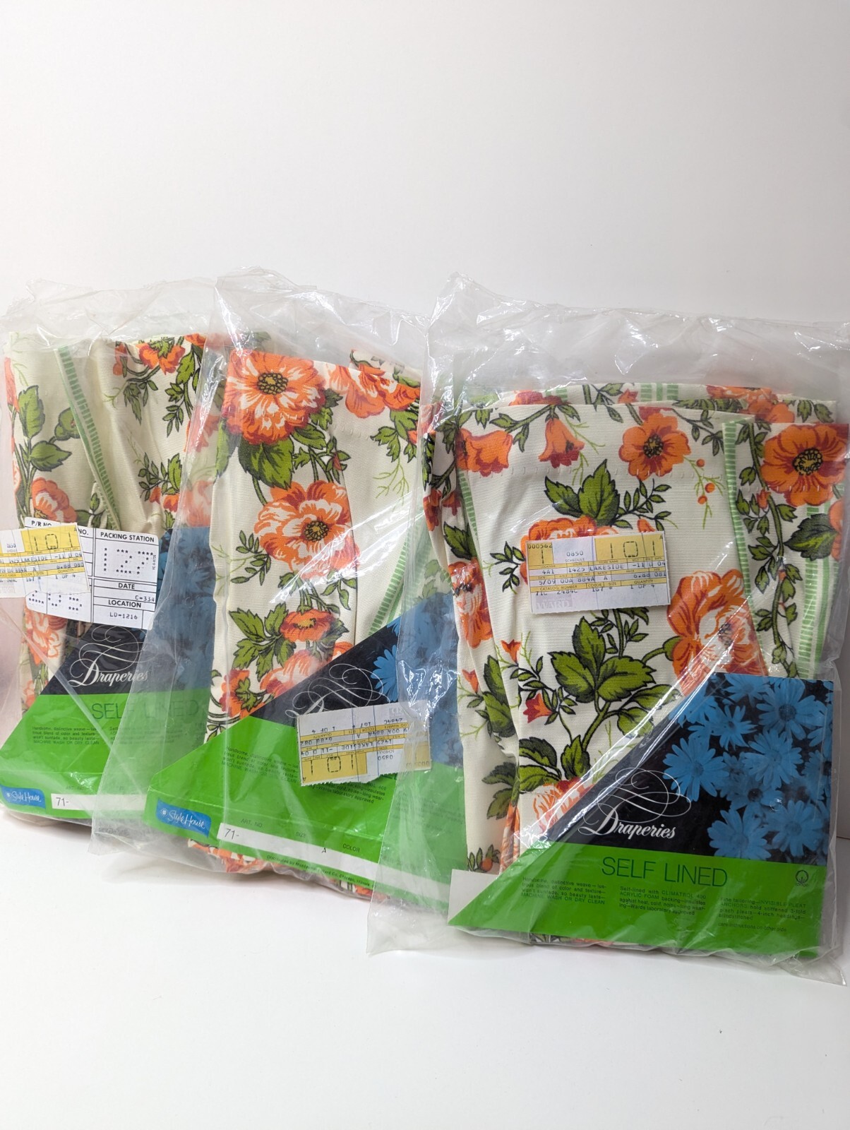 Vtg Lot Of 3 Style House Draperies Lined Orange Floral Panels NEW 51″ X 13″