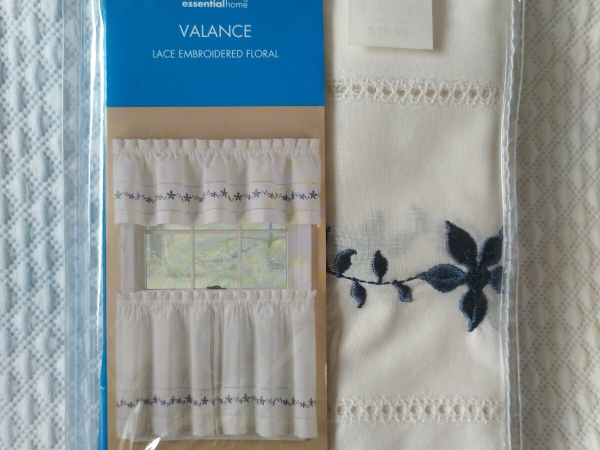 EssentialHome Valance &Tier Pair Lace Set Embroidered Floral Country Blue Ivory