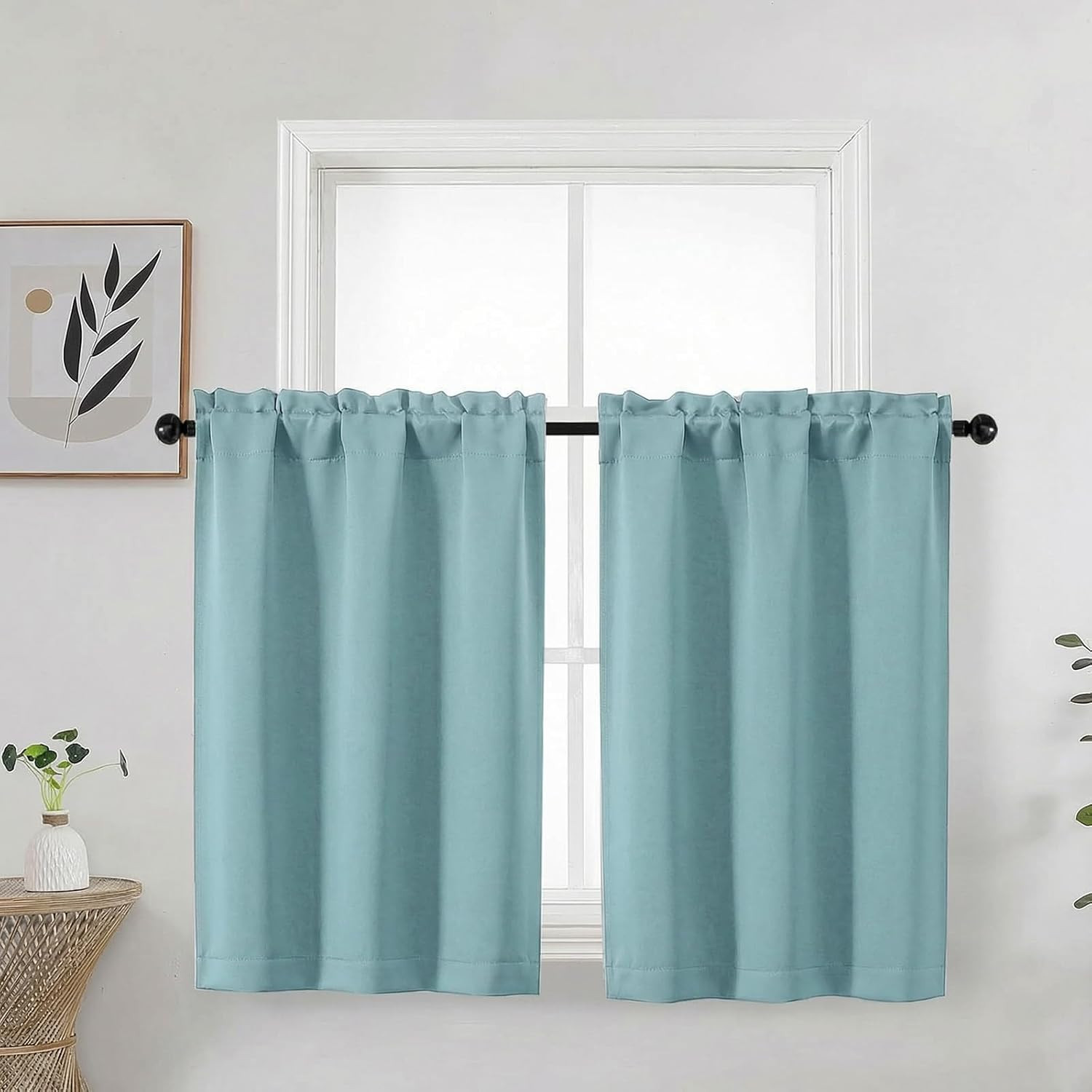 Aqua Cafe Blackout Curtains Tier 36 Inch Length 2 Panels, Soft Solid Thermal Ins