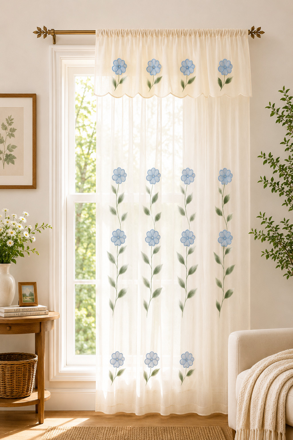 Vintage Ivory Floral Sheer Curtain Panel Double Layer Valance 60 in. x 84 in.