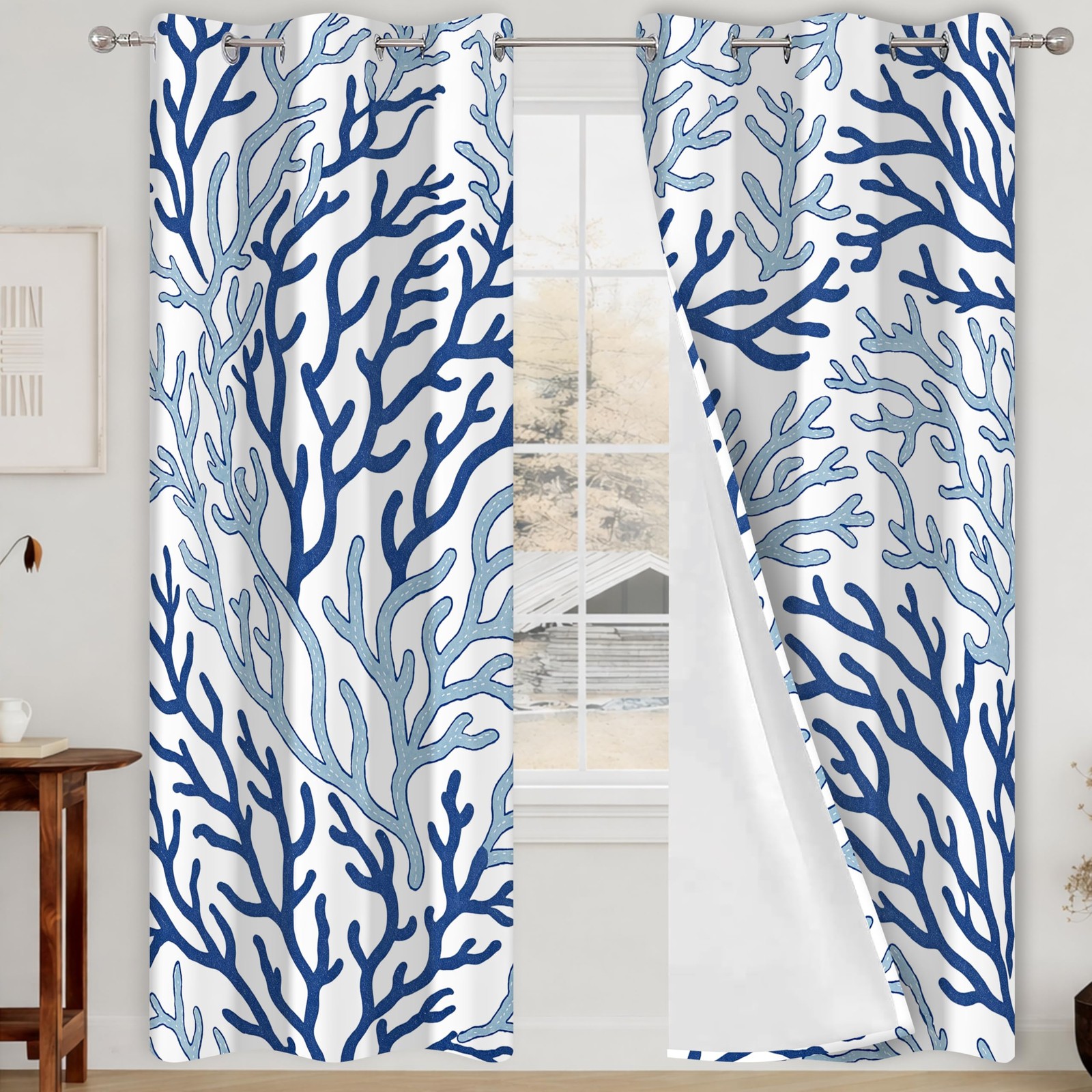 Coastal Coral Blackout Curtains Blue and Teal, 42×84 inch 2 Panels
