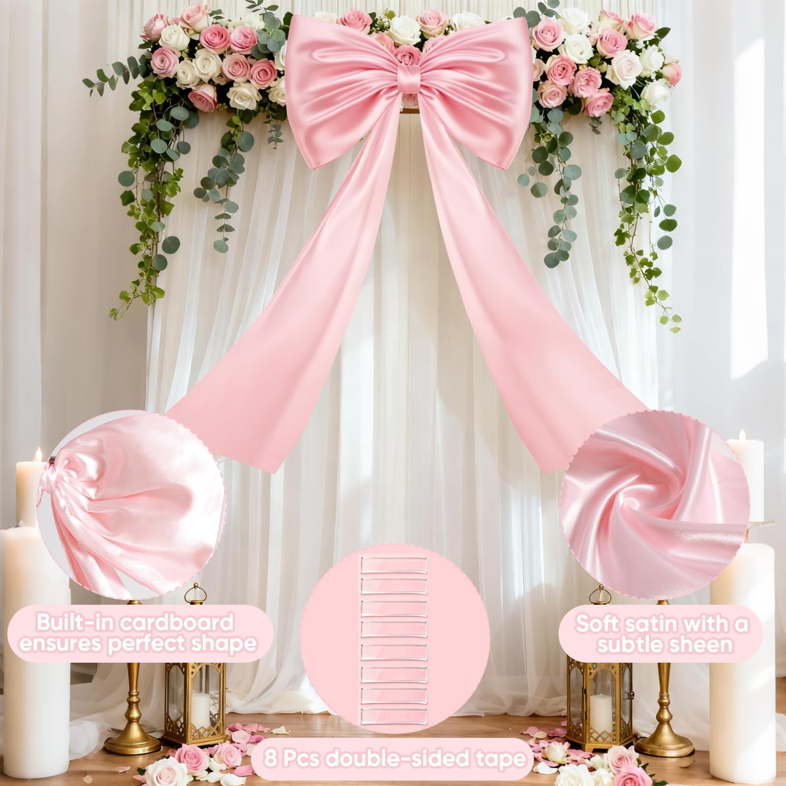 Large Pink Bow for Coquette Room Decor, 16 Pcs 3×13 in+1Pcs 47×24 in Big Sati…