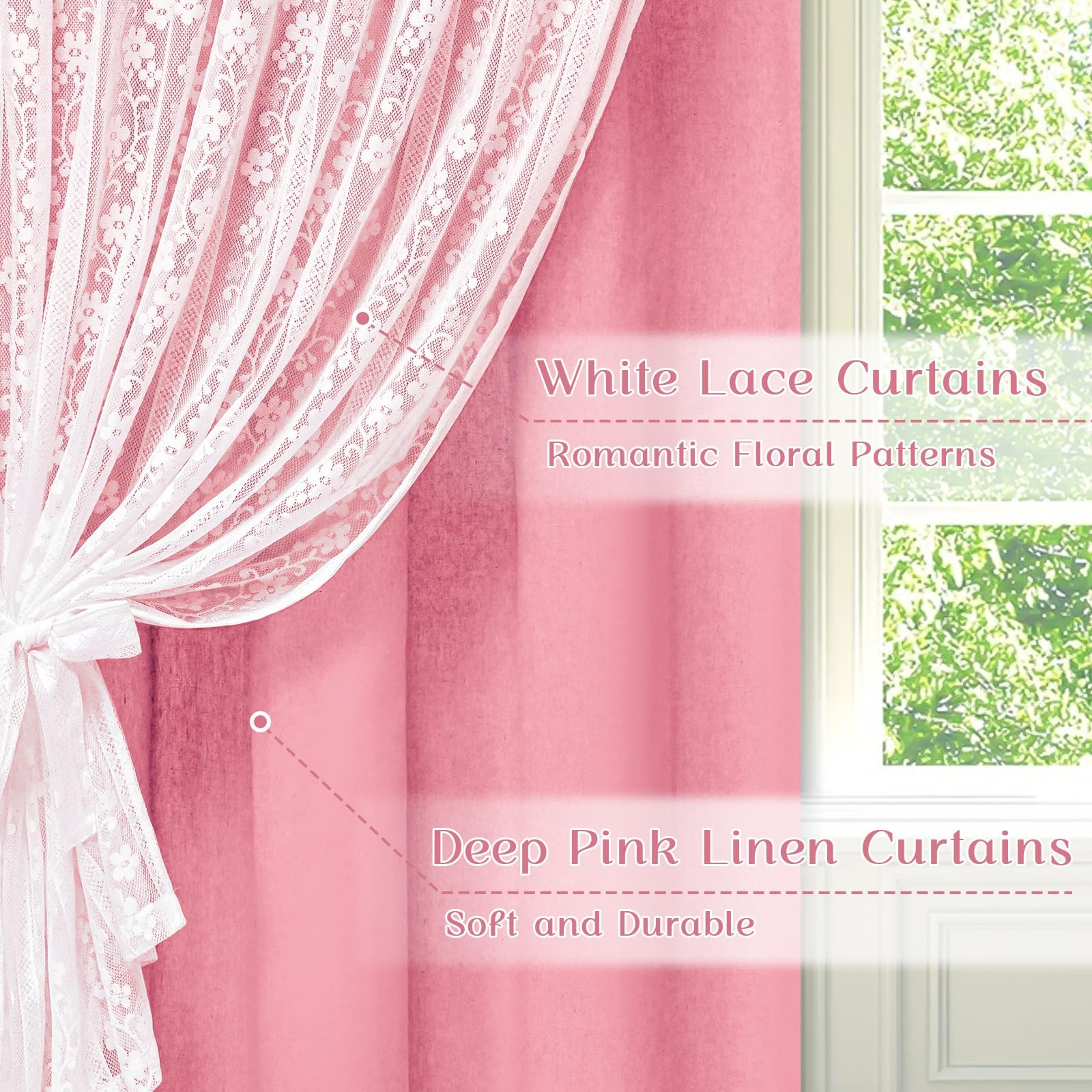 Aspmiz Pink Kitchen Curtains Double Layer Curtains Linen Lace Linen Kitchen