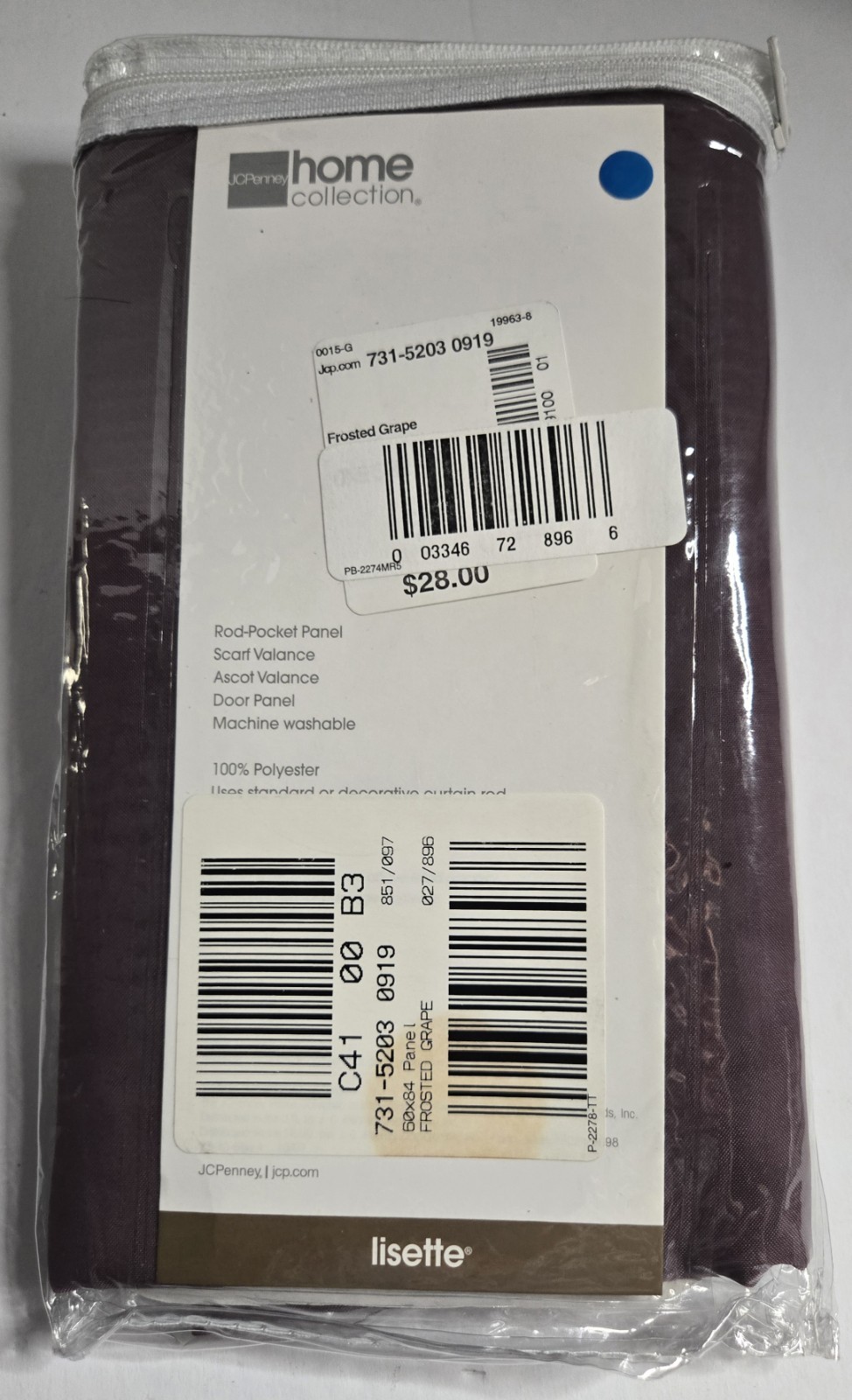 JC Penney Home Collection – Rod Pocket Panel 84 Inch Frosted Grape