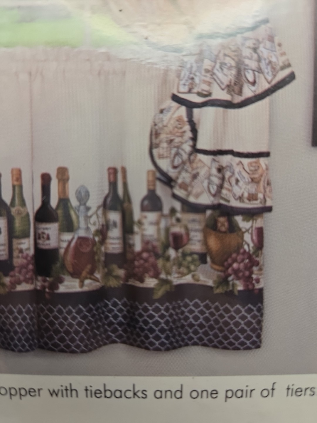 5pc Chateau Curtain Cottage Set Ruffled Valance Tiebacks Tiers Wine Grape Theme