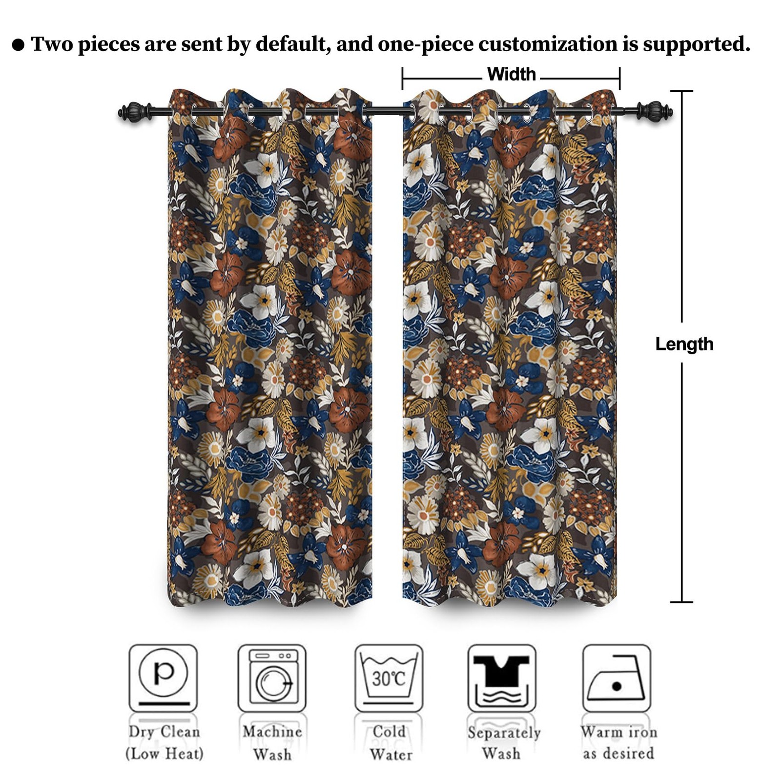 Renaiss Bohemian Floral Blackout Curtains Blue Brown White Flower Thermal