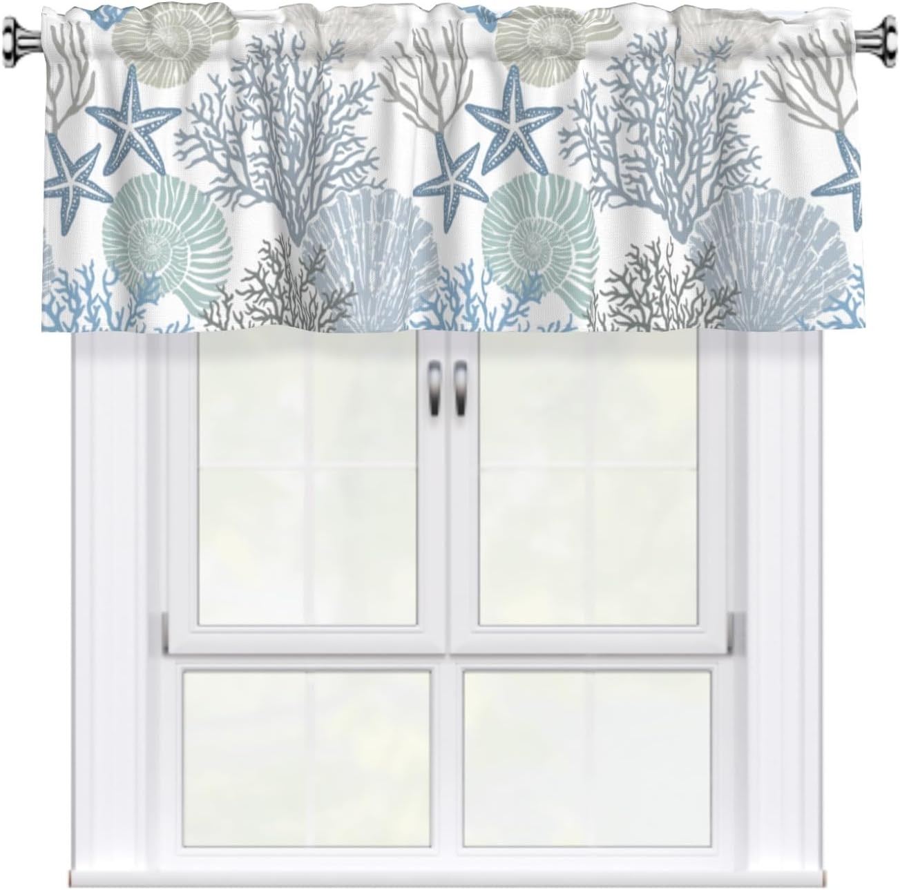 54″X18″ Coastal Window Valances Blue Ocean Coral Starfish Seashell Kitchen Rod