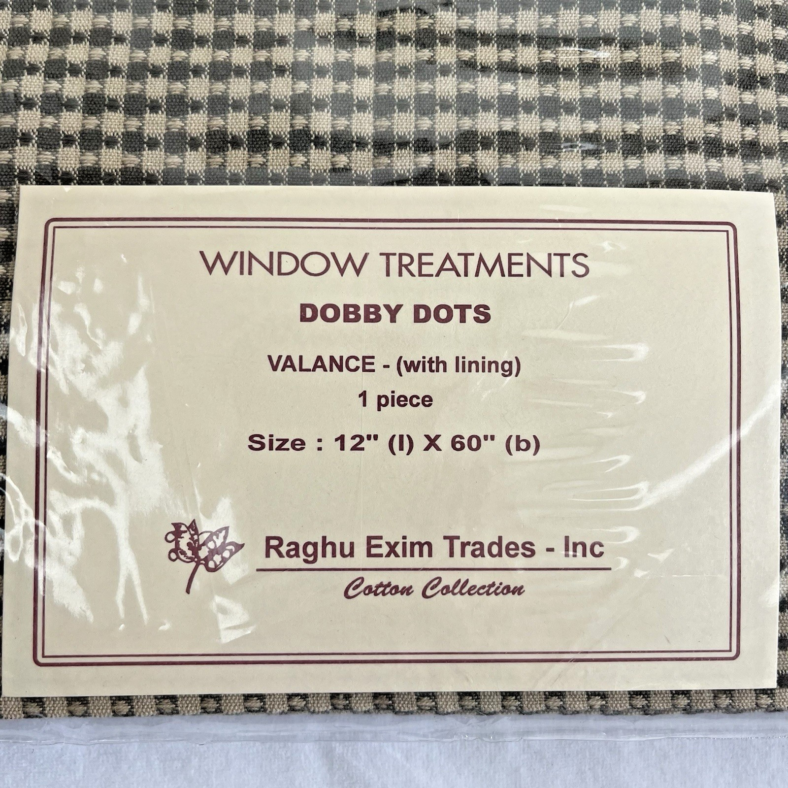 Raghu~Dobby Dots~Olive/Tan~Lined~100% Cotton~(1) VALANCE 12″L X 60″ W~Country
