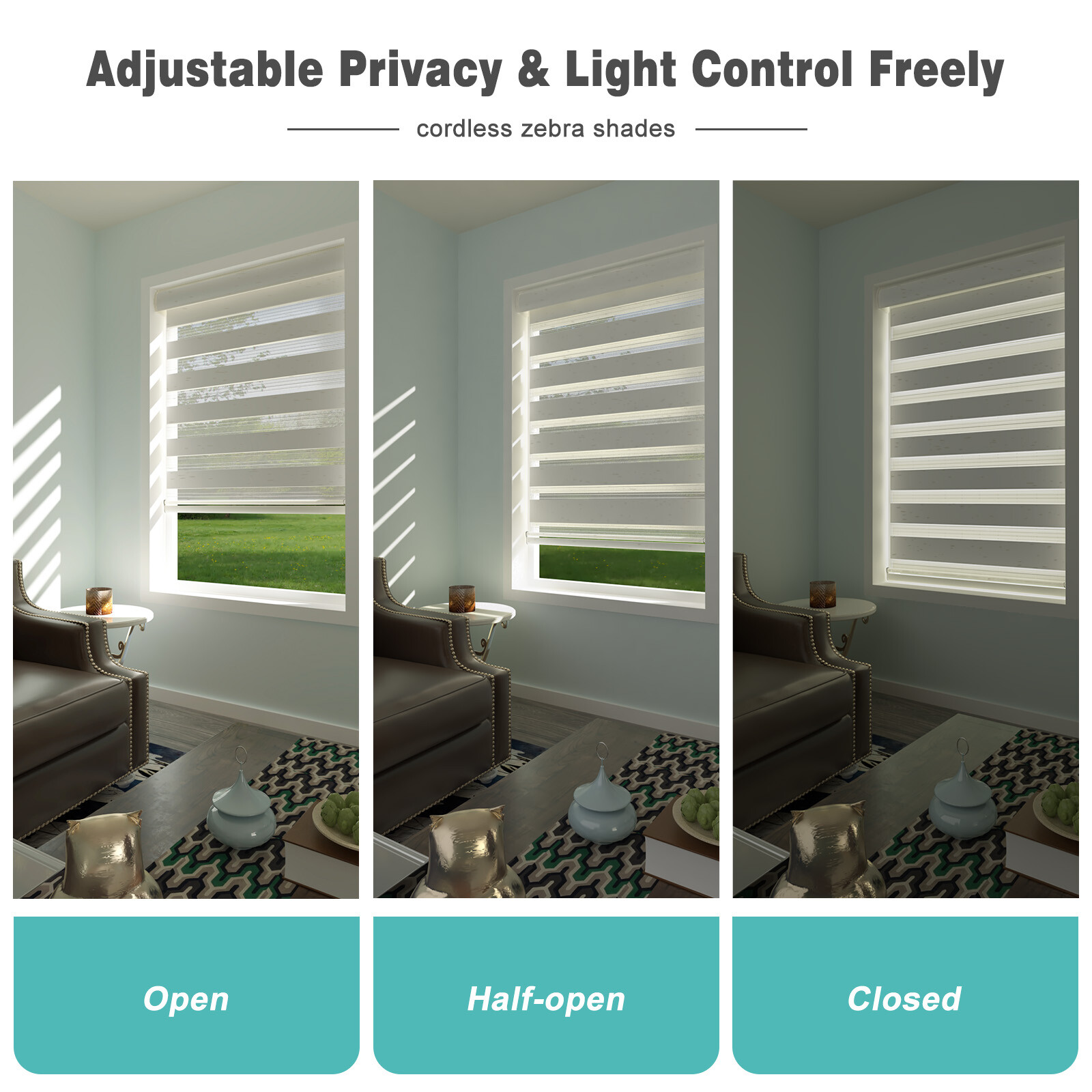 Horizontal Window Shade Blind Zebra Dual Roller Blinds Curtains,Easy to Install