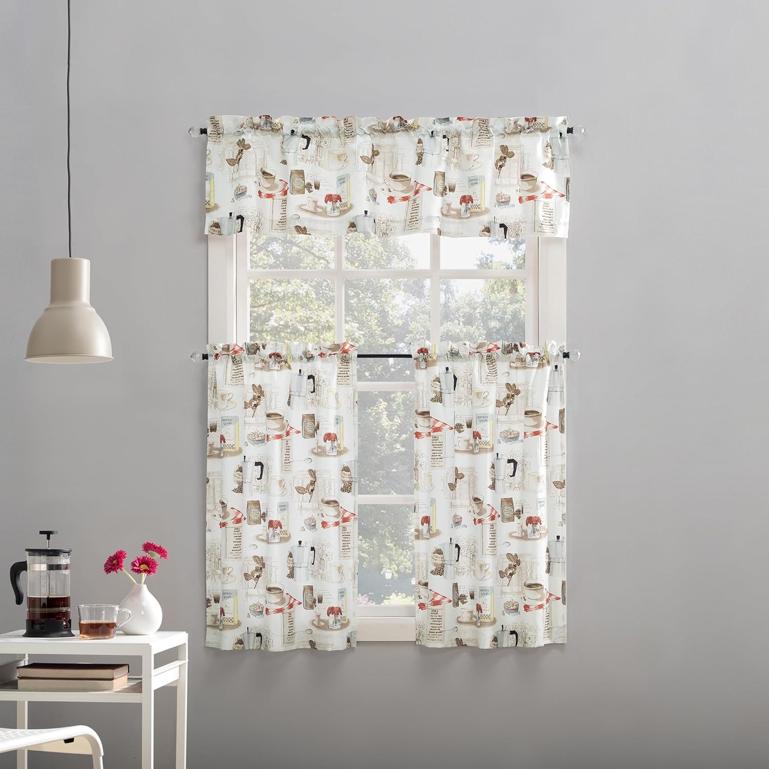 Brew Coffee Shop Semi-Sheer Rod Pocket Kitchen Curtain Valance and Tiers Set, 54