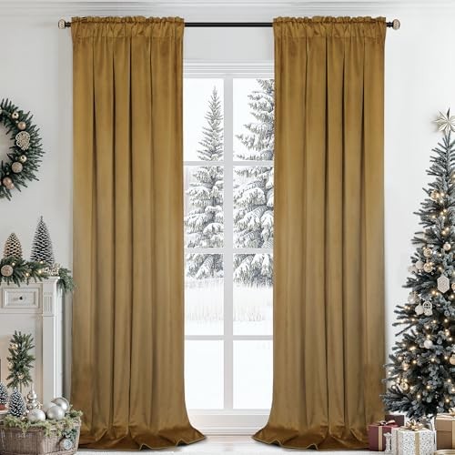 Velvet Curtains 96 Inches for Living 40″W x 96″L (Pack of 2) Golden Brown