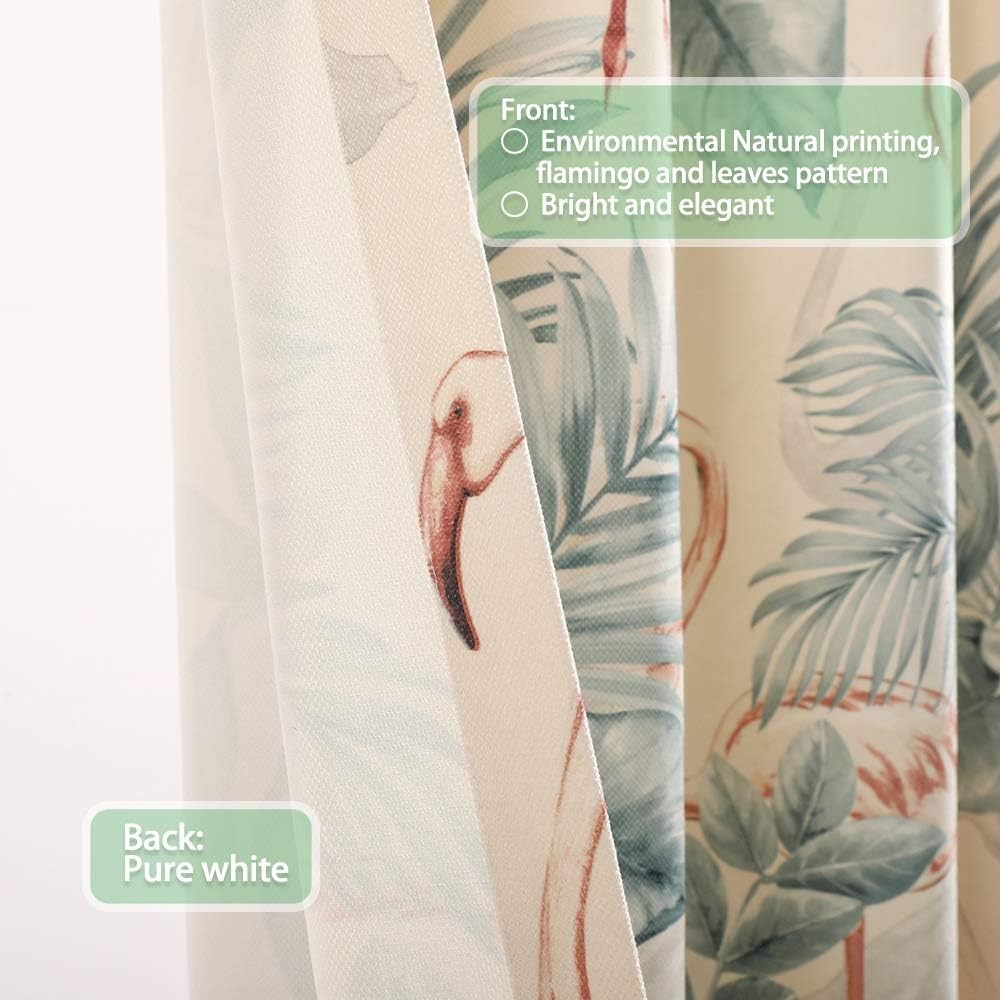 White Blackout Curtains Grommet Microfiber Pastoral Leaves Flamingo Floral
