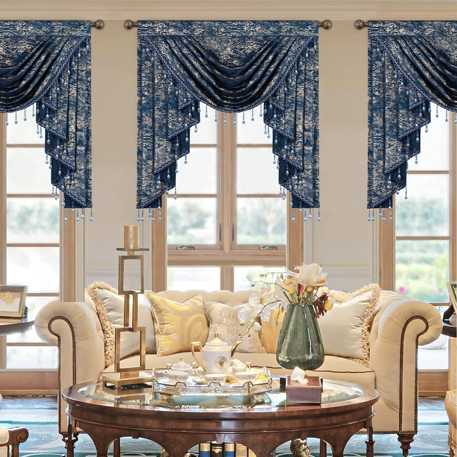 Navy Gold Marble Velvet Valance, Modern Luxury Light Filtering Swag Curtains, 40