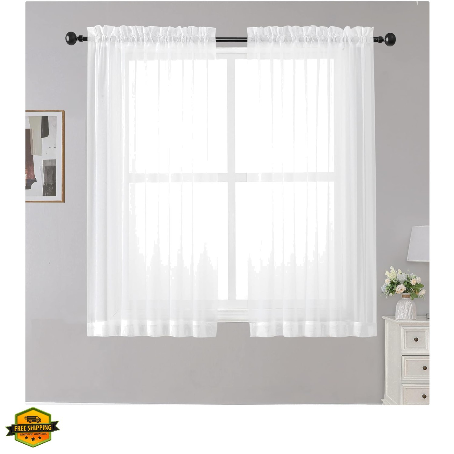 White Sheer Curtains, 45 inches Long, 2 Panels, Rod Pocket, Light Filtering, …