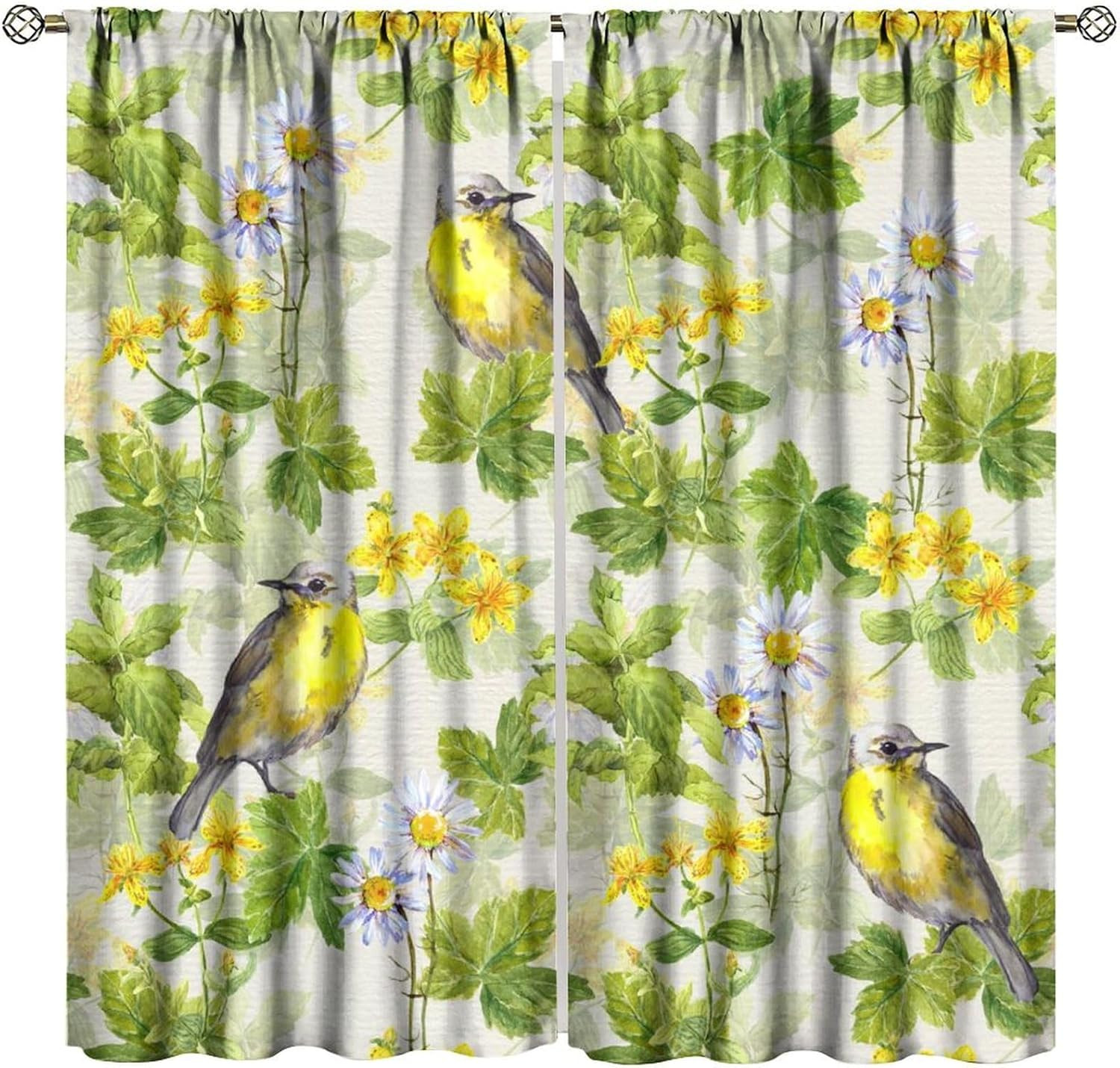 Bohemian Curtains, Vintage Rural Green Yellow Art Watercolor Plants Leaves Flor
