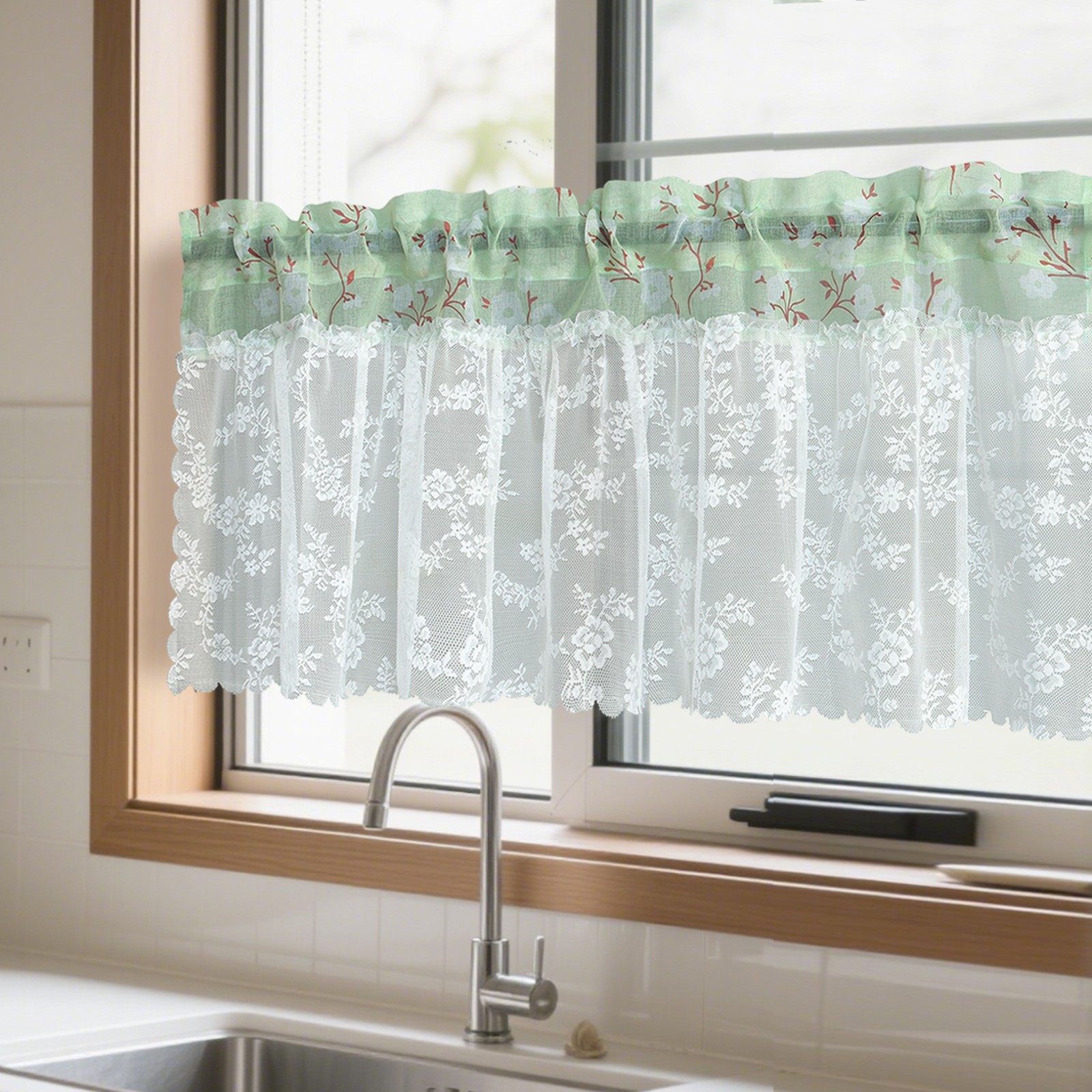 1 Panel Floral Lace with Pastoral Flowers Sheer Curtain Short Valance