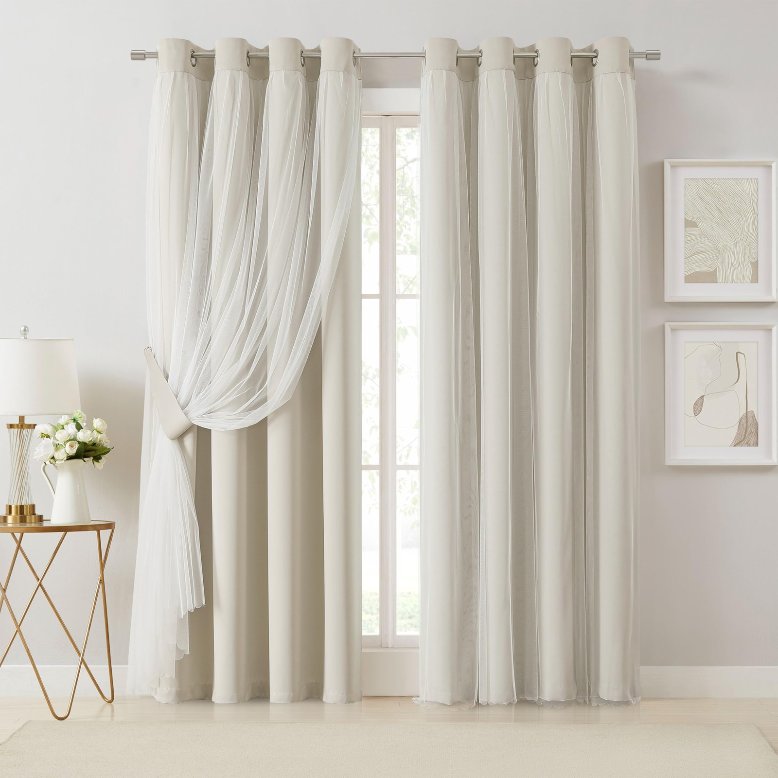 Beige 80% Blackout Curtains with Sheer Overlay Mix and Match Double Layer The…