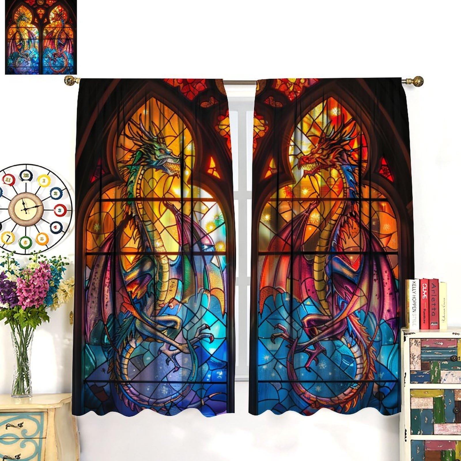 Nanacur Dragon Decorative Window 20.5″W x 45″L (Pack of 2), Stained Glass-8