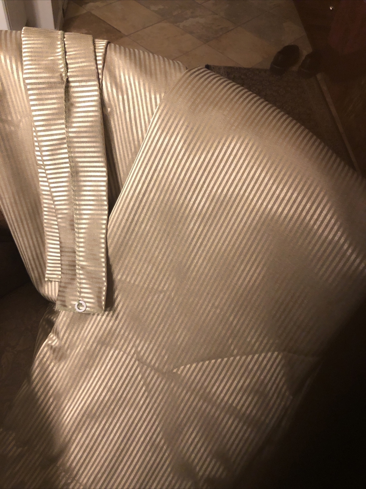 Pair Of Gold on Gold Curtain Panels 46Wx84L Satin Stripe Lined w/ Tiebacks