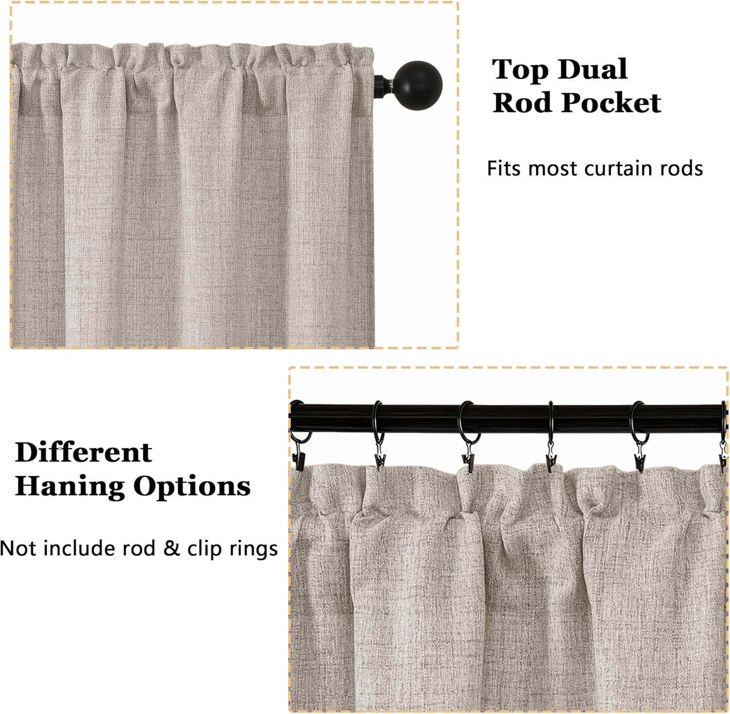 Linen Cafe Curtains 36 Inch Length 2 Panels Set, Light Filtering Textured Short