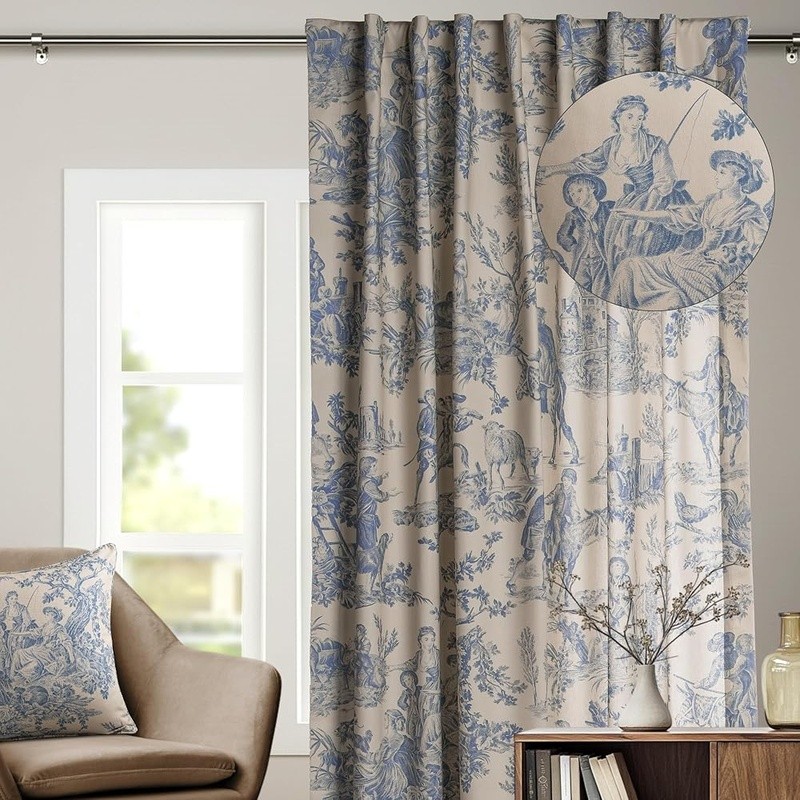 100% Cotton Toile Curtains Light Filtering Rod Pocket Home Living Decor New