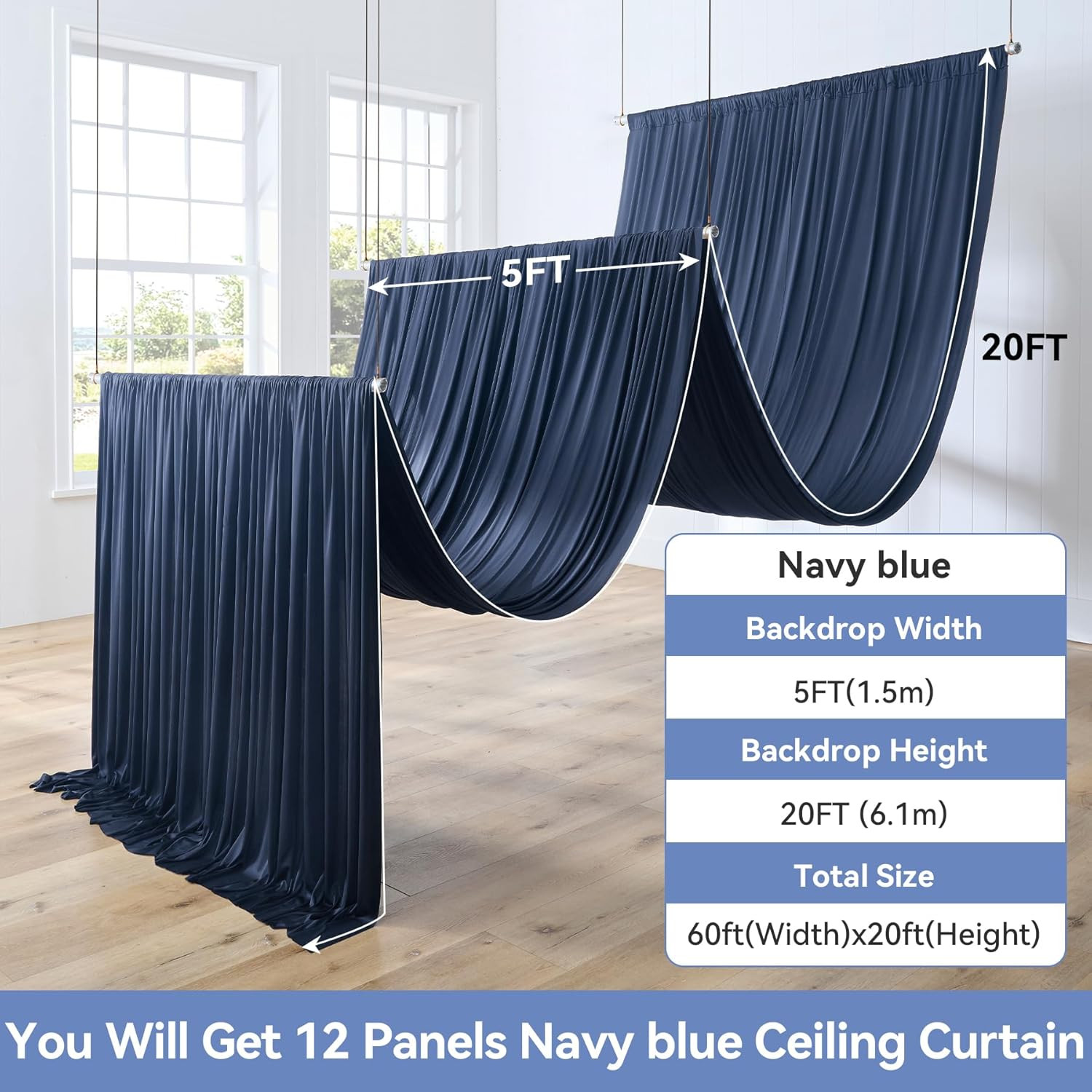 60Ft×20Ft Navy Blue Ceiling Drapes for Parties Weddings, 12 Panels 5×20Ft Long T