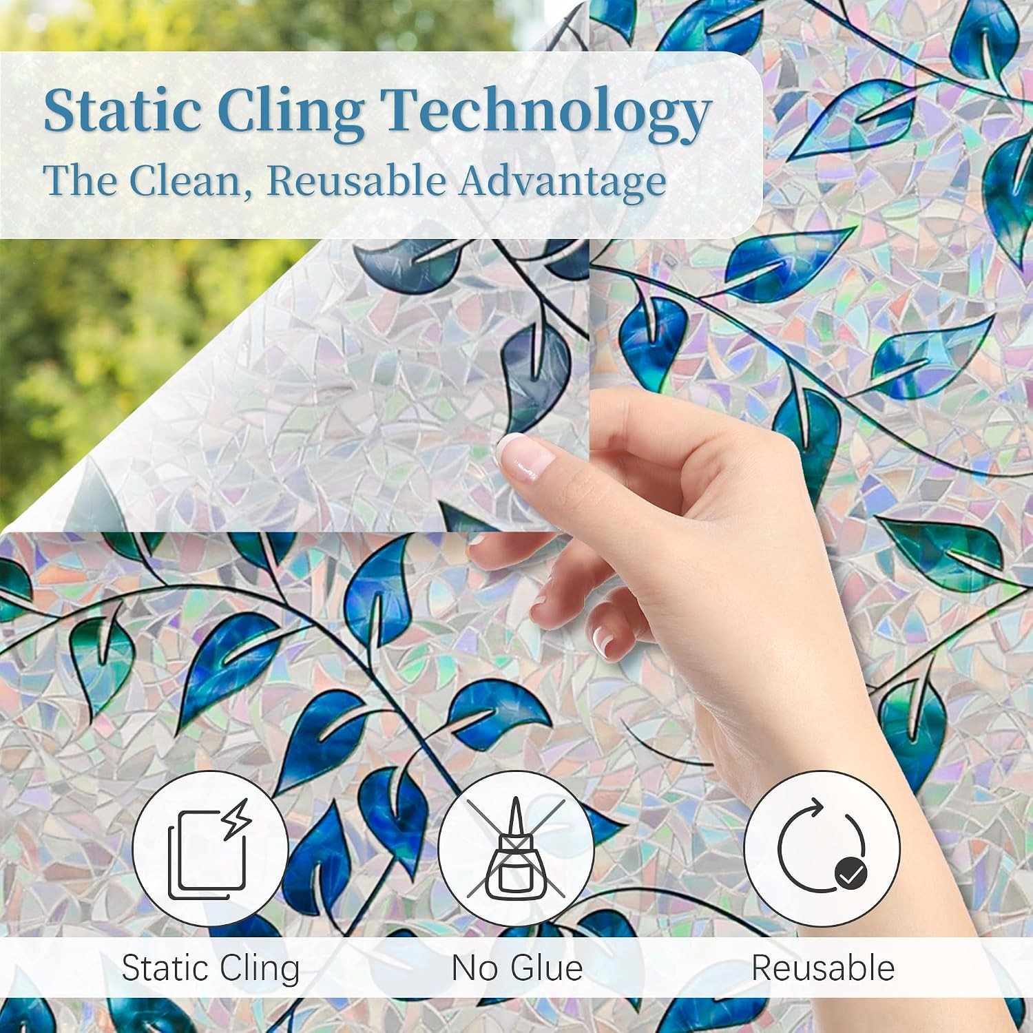 Finnez Window Privacy Film 3D Static Cling Window Film with Rainbow Effect, No G