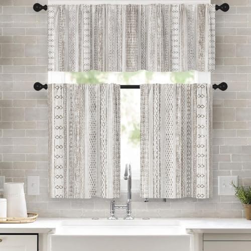 Boho Aztec Geometric Striped Beige Curtain Valance Tier Set 36 Inch 3 Piece