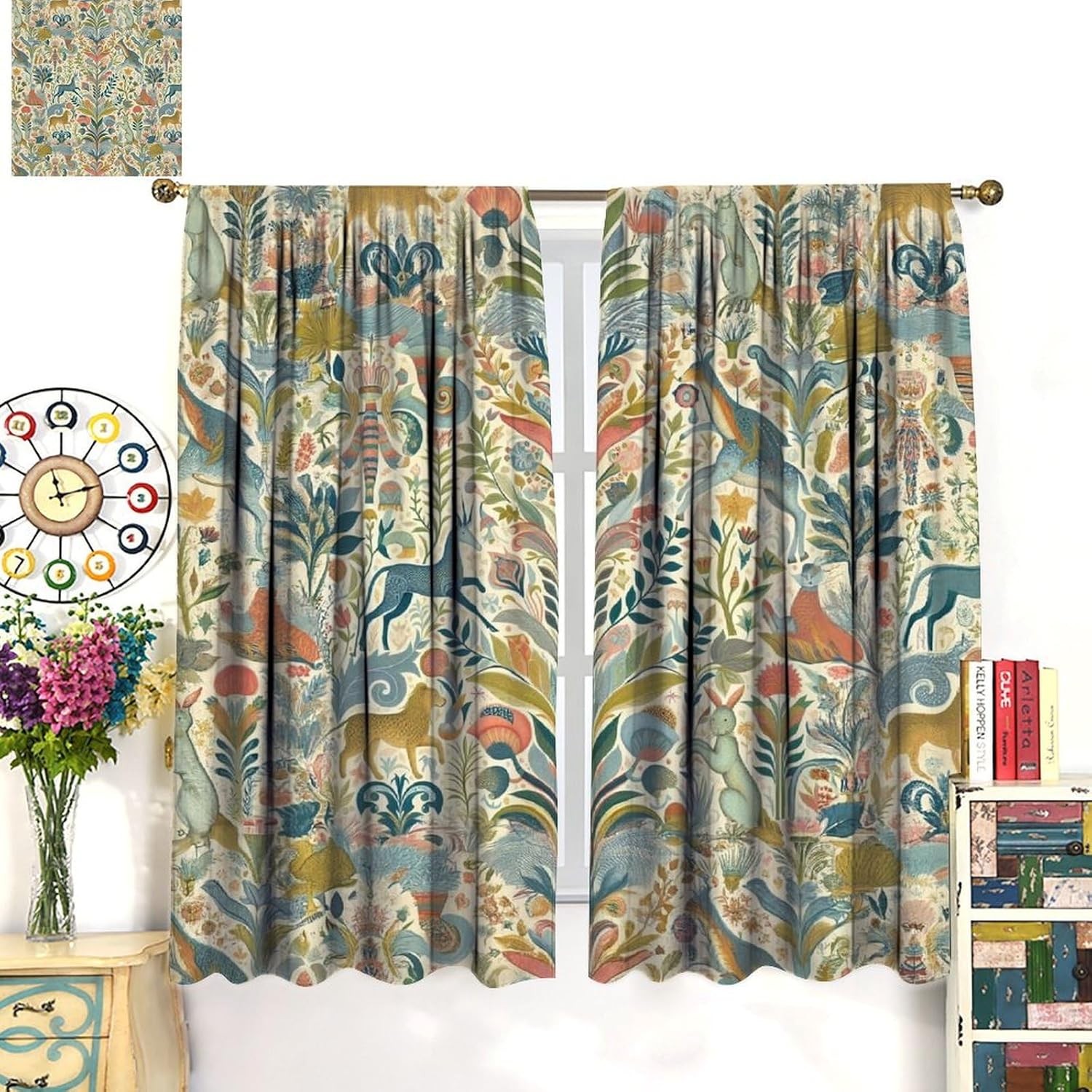 Vintage Flower Curtains,William Morris Art Print Retro Plant Bird Window Drapes