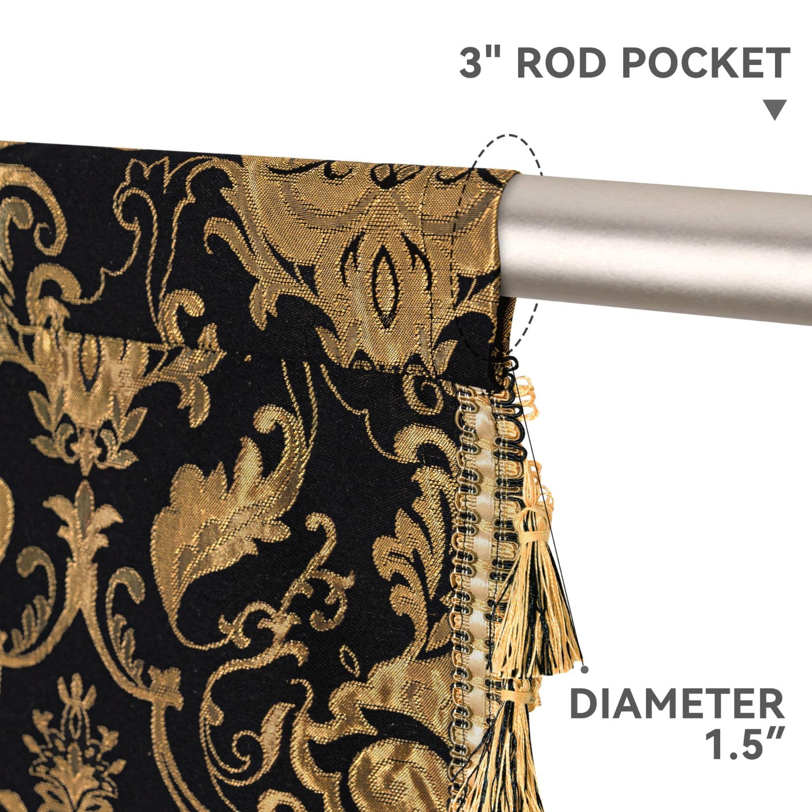 Luxury Damask Waterfall Valance Curtains, Black Gold, Elegant Home Decor, W39