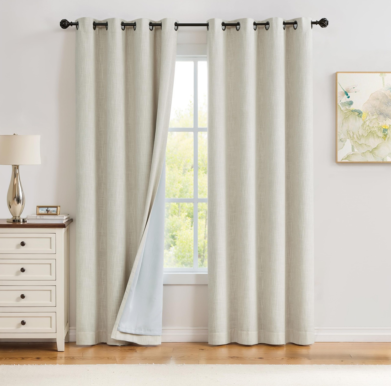 Beige Solid Full Blackout Curtain Heavy Linen Texture Window Treatment for Be…