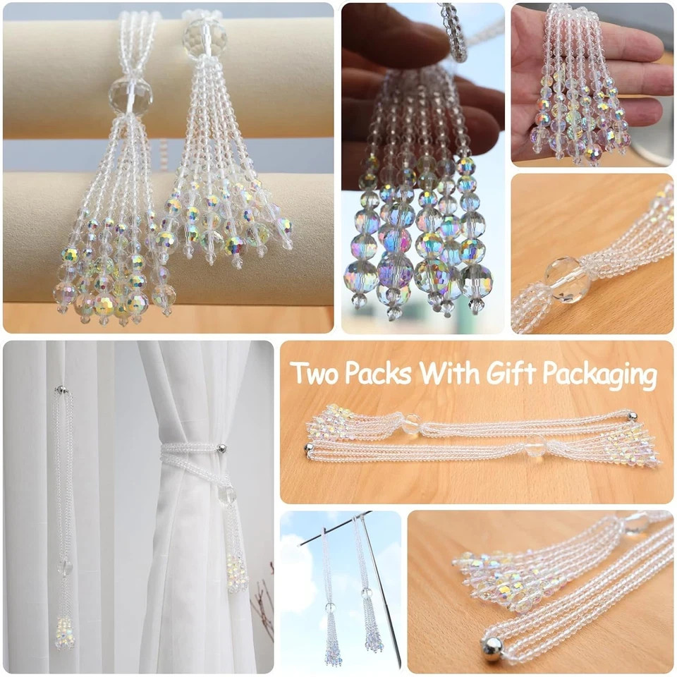 Magnetic Curtain Tiebacks, 2 Pack Crystal Beaded Tassel Sheer/Drapery Curtain Ho