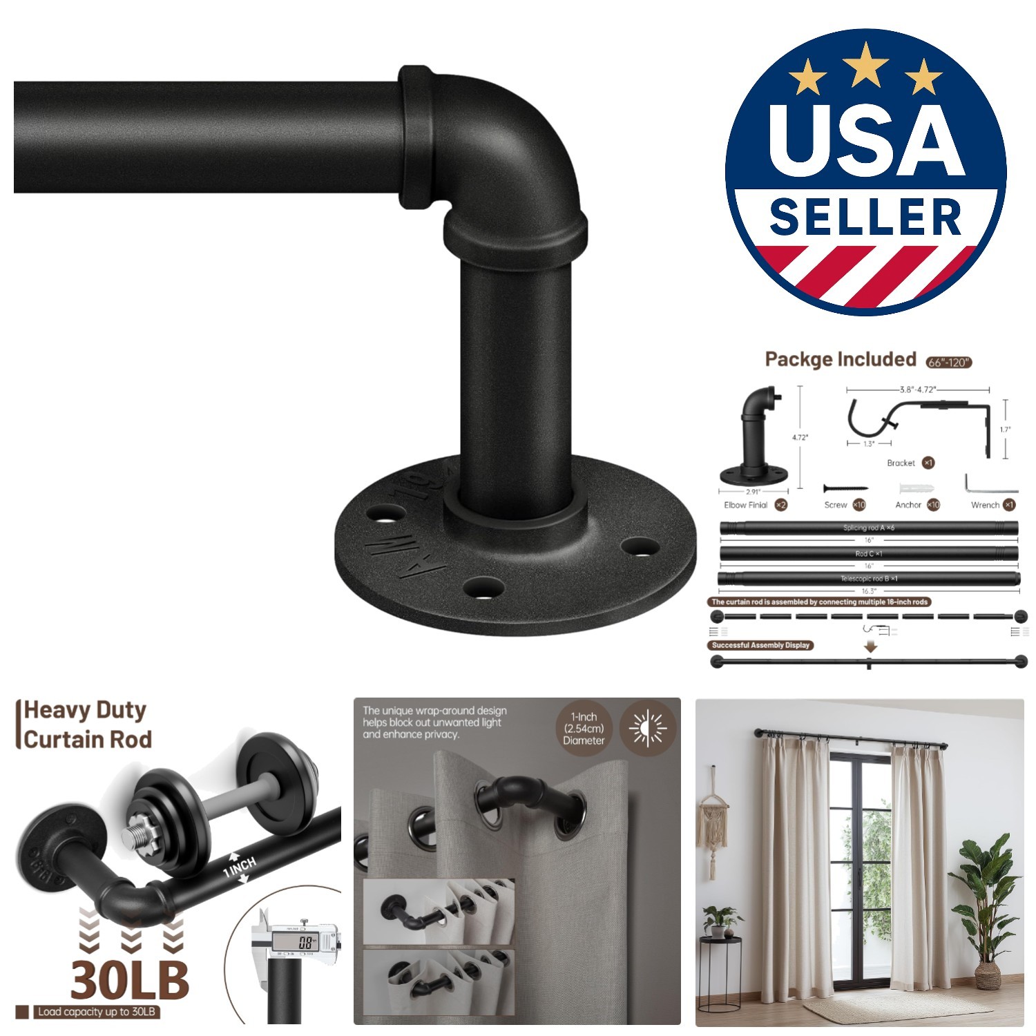 Wrap-Around Industrial Curtain Rod for Windows 66 to 120 Inches – Easy Assembly