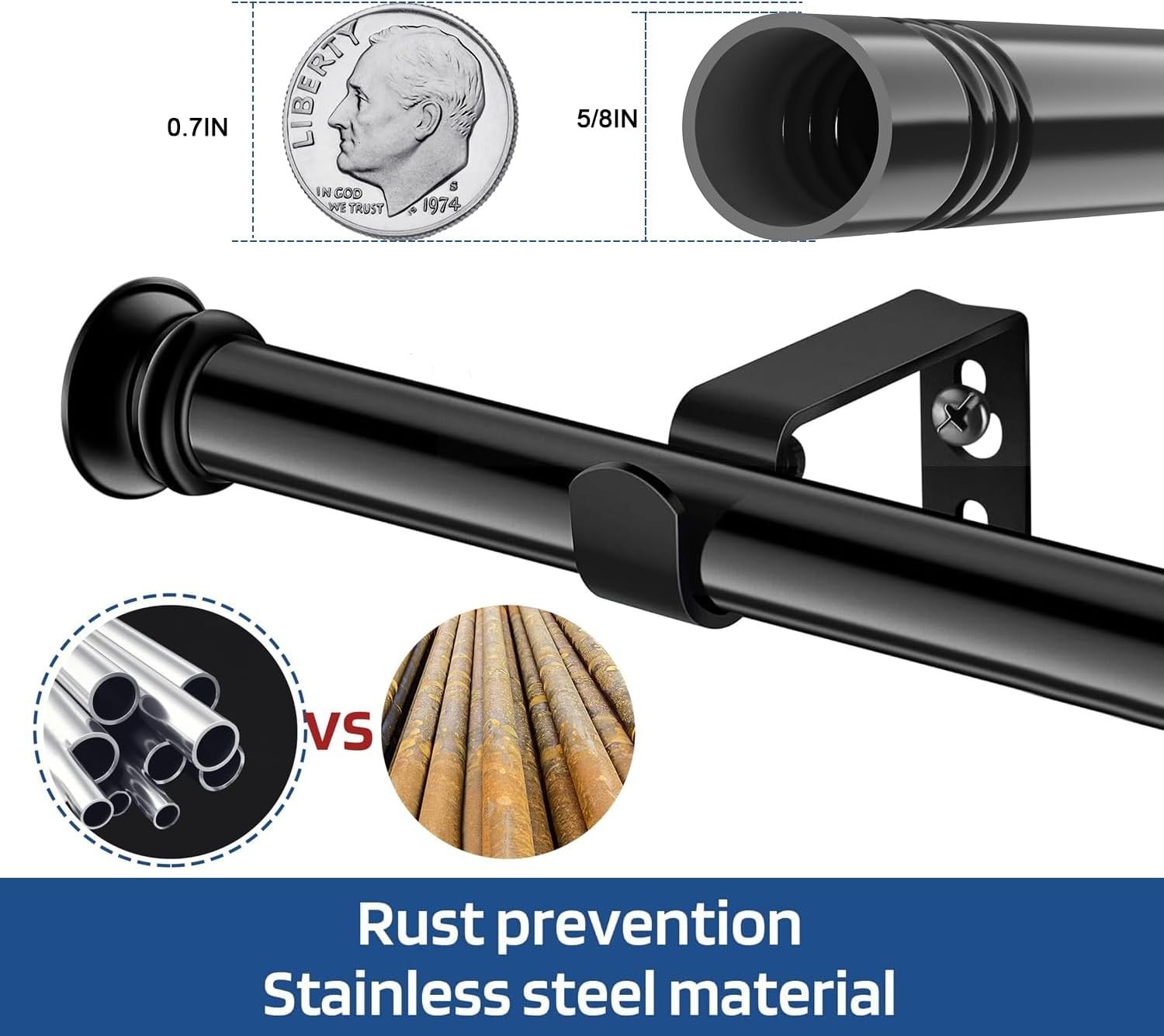Small Curtain Rods for Windows 30″ to 45″ 5/8 Inch Standard Decorative Black …