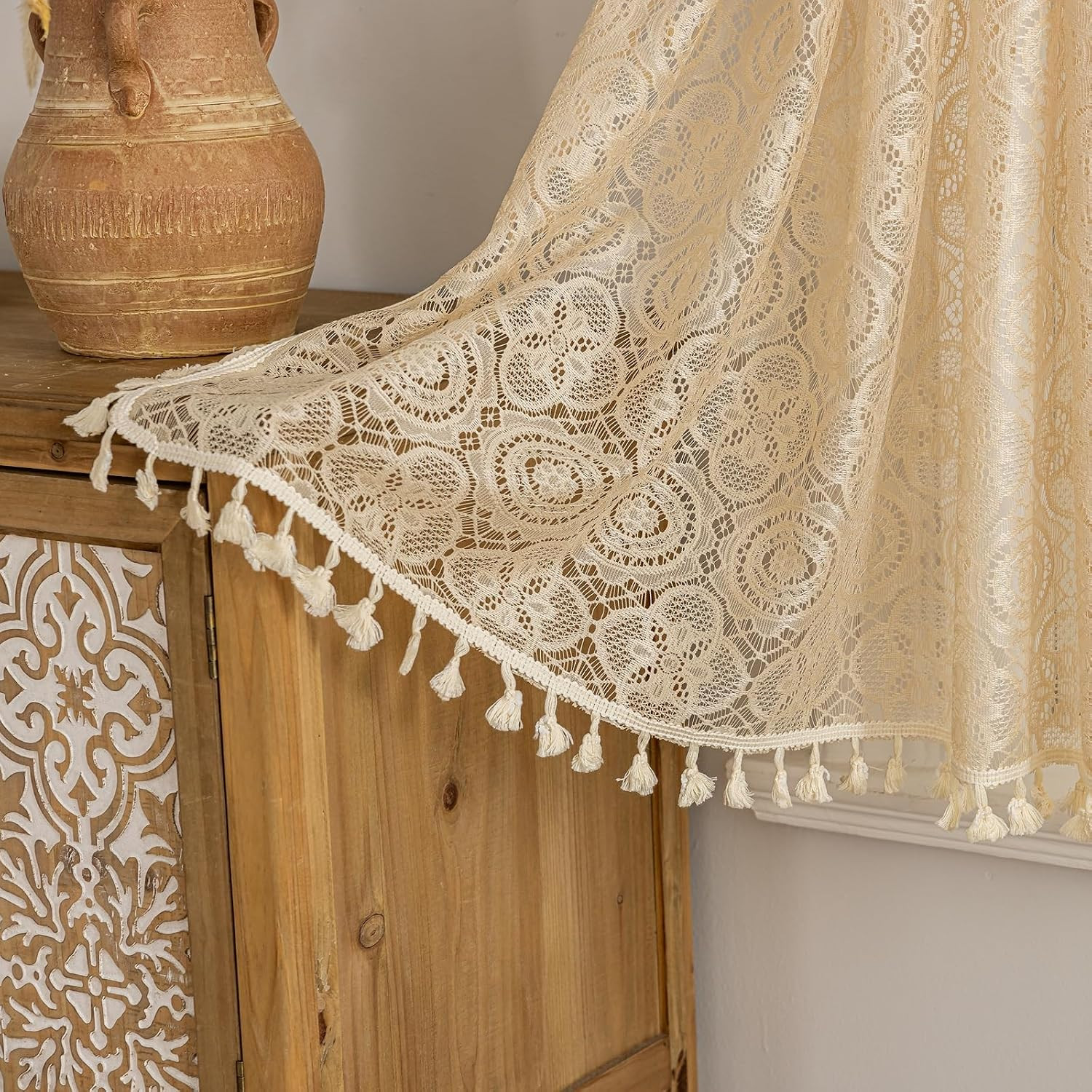 YJ YANJUN Boho Lace Curtains 24 inch Length 2 Panels, Vintage Floral Crochet She